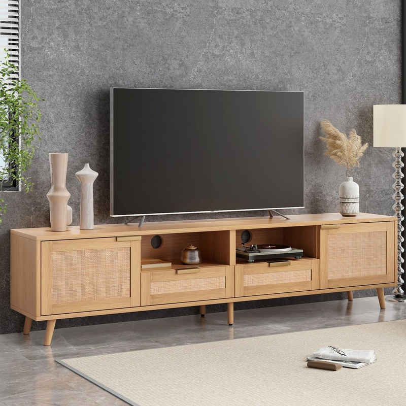 REDOM TV-Schrank Holz-TV-Schrank, TV-Ständer, lowboard TV (TV-Konsolentisch,200*37*49cm) mit massiven Holzfüßen, Geflochtener Rattan-TV-Boards