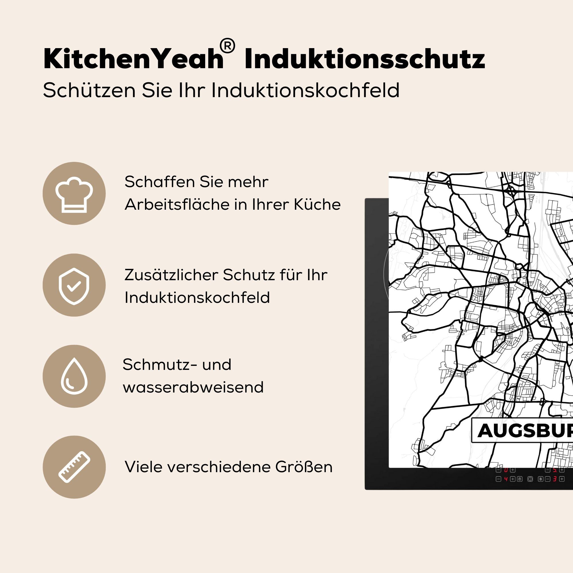 MuchoWow Herdblende-/Abdeckplatte Karte - Ceranfeldabdeckung, tlg), cm, - Arbeitsplatte Stadtplan für Augsburg - Karte, (1 küche 78x78 Vinyl