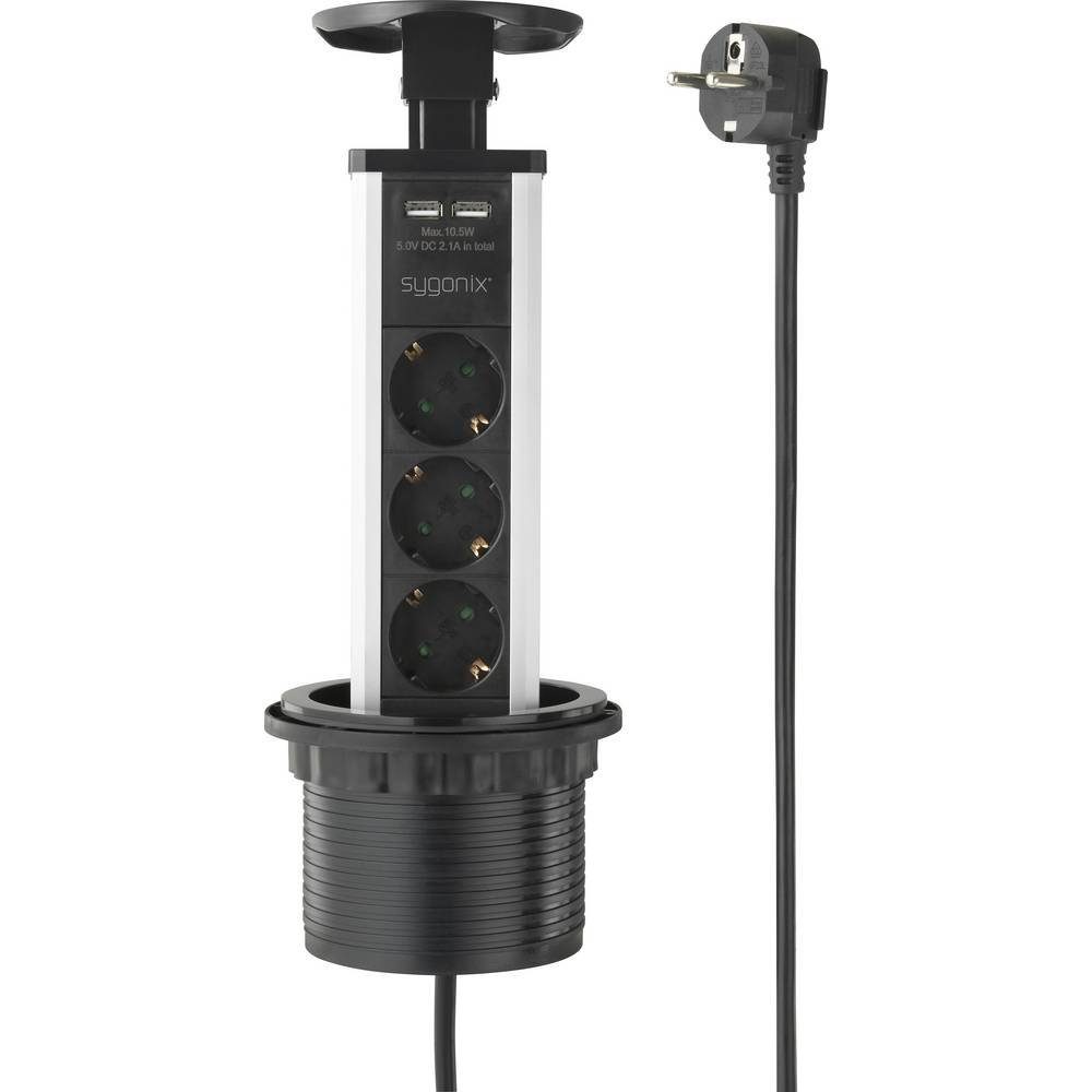Sygonix STECKDOSENTURM 3FACH 1.5M M 2XUSB-A SY-4737794 Steckdosenleiste, versenkbar, mit USB-Ladeausgang