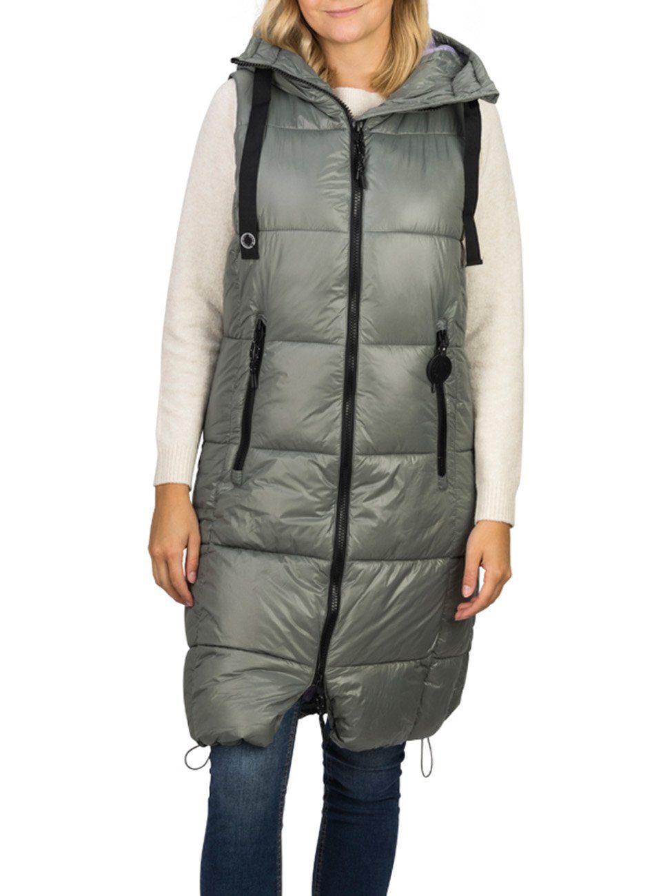 DENIMFY Outdoorjacke Damen Steppweste DFCaro Regular Fit knielange Übergangsweste mit Kapuze