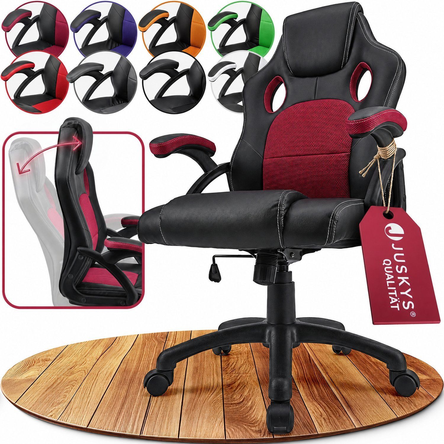 Juskys Gaming-Stuhl Montreal, Ergonomisch geformte Sitzfläche, Rückenlehne und Sitzfläche kippbar