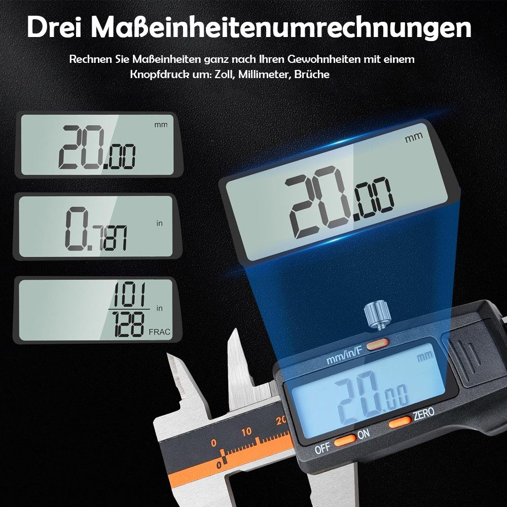 TUWENA Messschieber Digitaler Messschieber 150mm, Edelstahl Schieblehre mit LCD-Display, Zoll/Metrisch/Bruchu Umstellung, Auto-Off & 2 Ersatzbatterien
