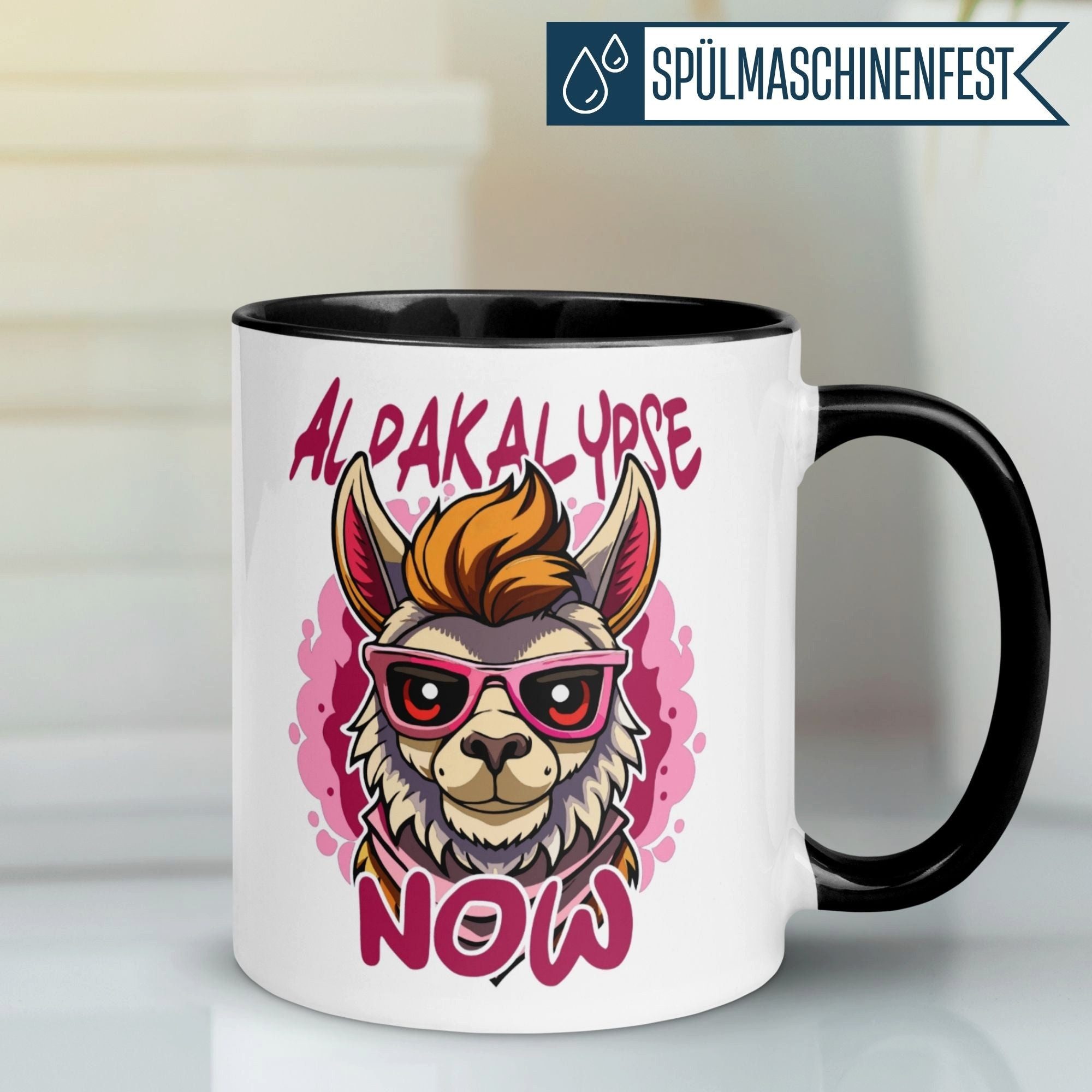 Momentals Tasse Alpaka – „Alpakalypse Now“ – lustiger Geschenk Becher, Gratis Versand · Links-&Rechtshänder · Spülmaschinenfest