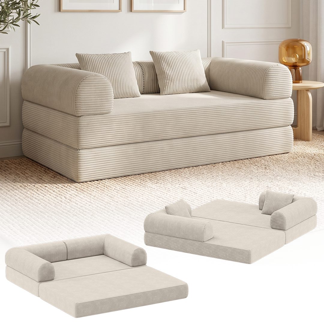 Bellamio Sofa Guavi aus Vollschaum Cord, umwandelbar zum Schlafsofa/-Sessel, Beige, Cordsofa 160 cm breit, 2 Sitzer, kein Aufbau erforderlich, vakuumiert