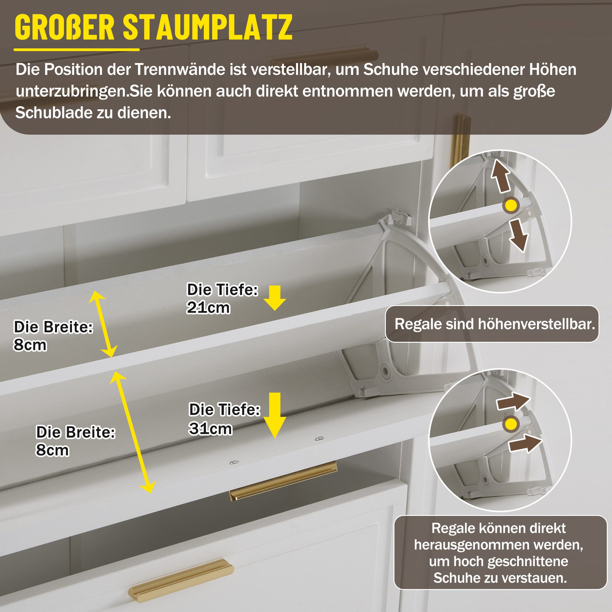Flieks Schuhschrank Schuhkommode mit 2 Klappen, verstellbaren Einlegeböden & 2 Schubladen (1-St., B120/T24/H107 cm) Schuhkipper Schuhregal mit goldenen Metallgr – Bild 4 von 5