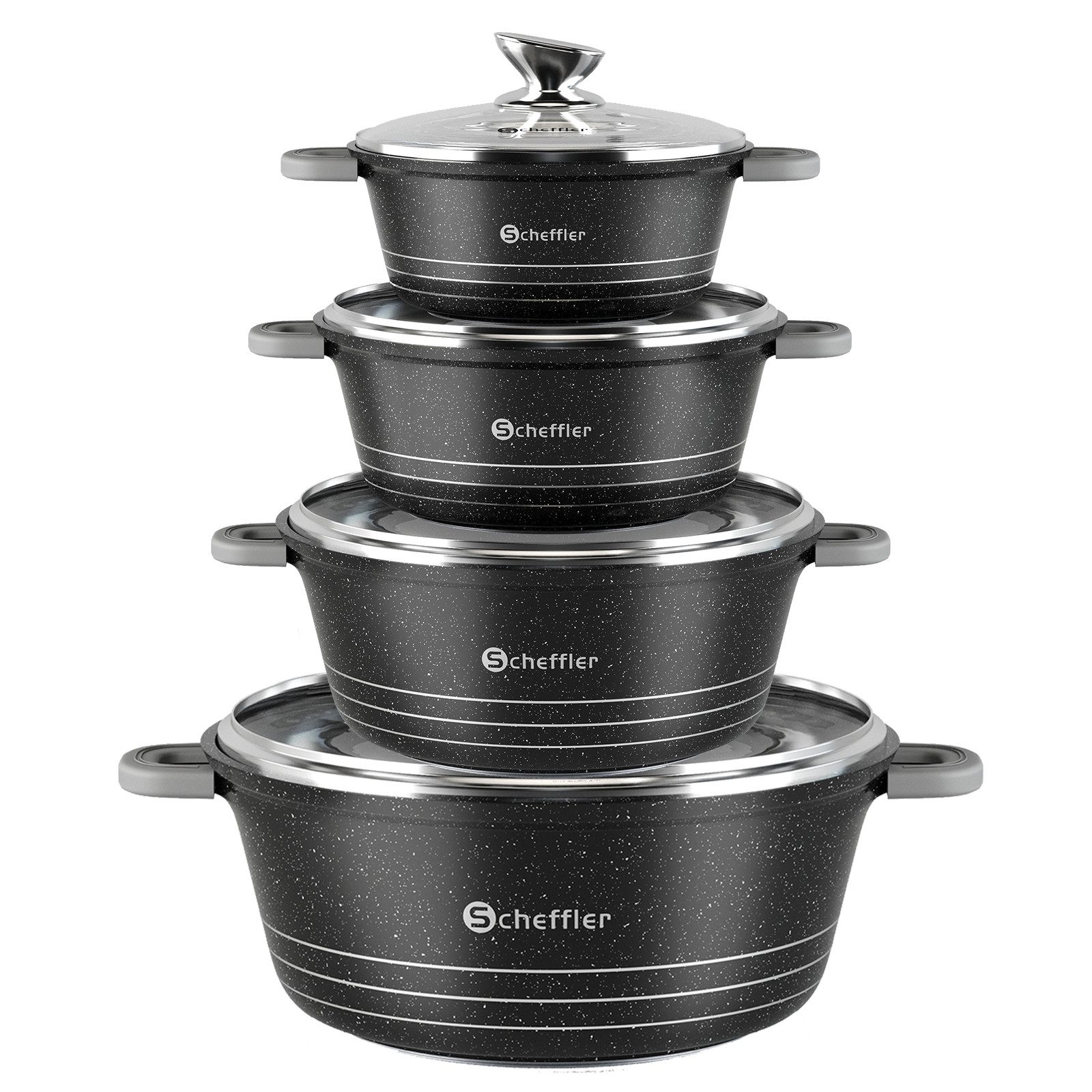 Scheffler Topf-Set Kochtopf Set Induktions Antihaftbeschichtung Каструлі Set mit Glasdeckel, Aluminium (2,2/4/6/10L, 4-tlg., Topf), Induktionsgeeignet