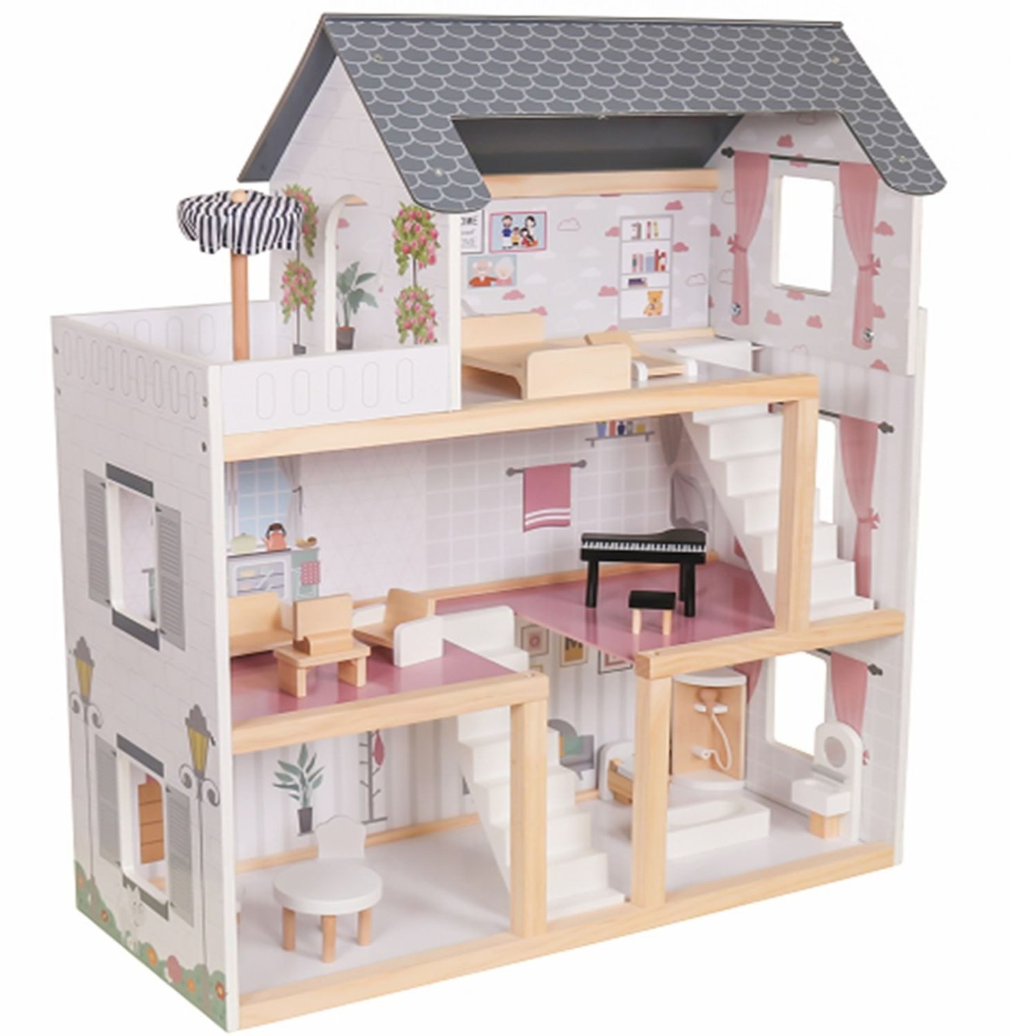 Coemo Puppenhaus LARA, (möbliertes Puppenhaus Holz, 17-tlg), komplett einge günstig online kaufen