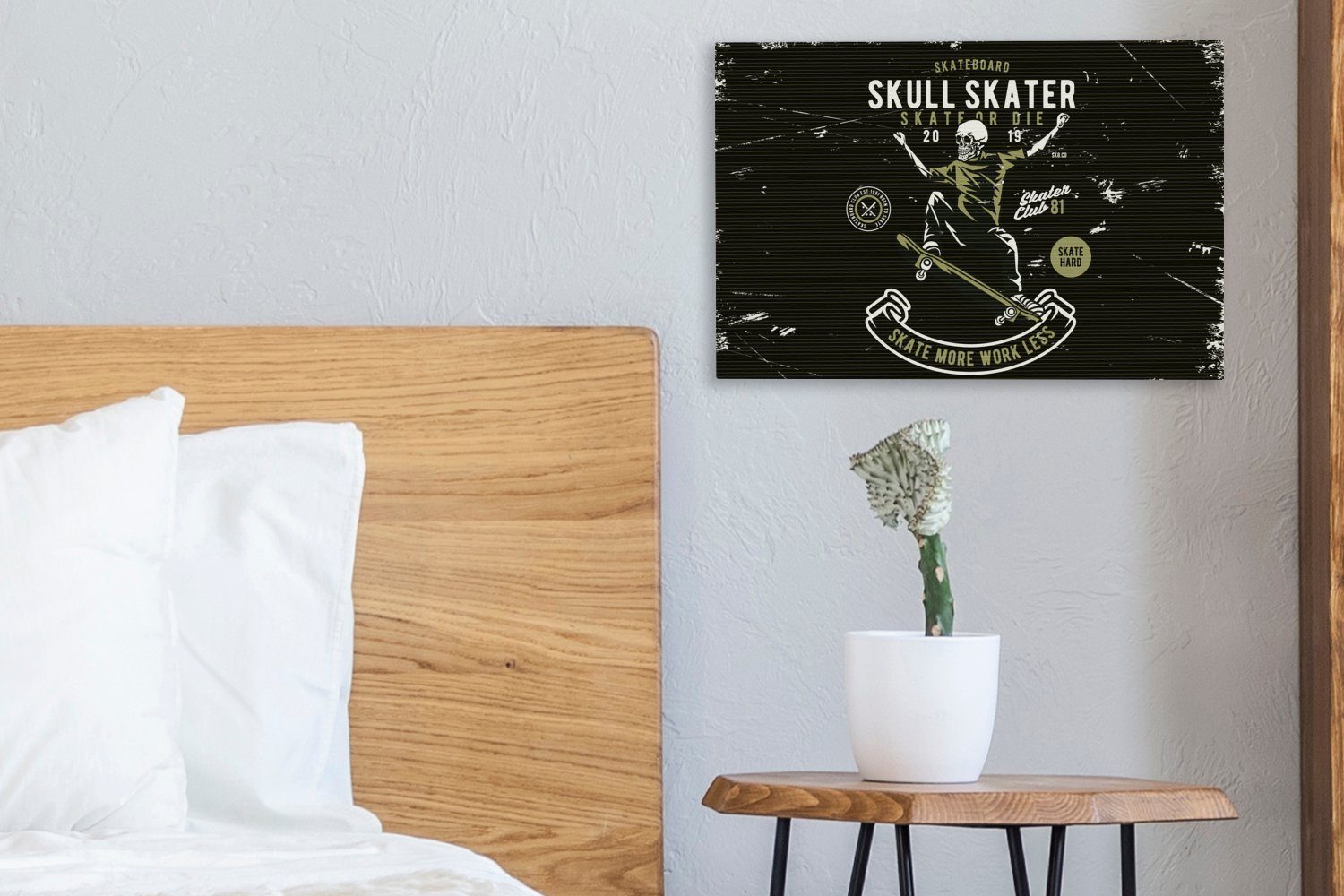 OneMillionCanvasses® Leinwandbild Skelett - Skateboard Retro, St), (1 30x20 cm Leinwandbilder, Wandbild Wanddeko, - Aufhängefertig