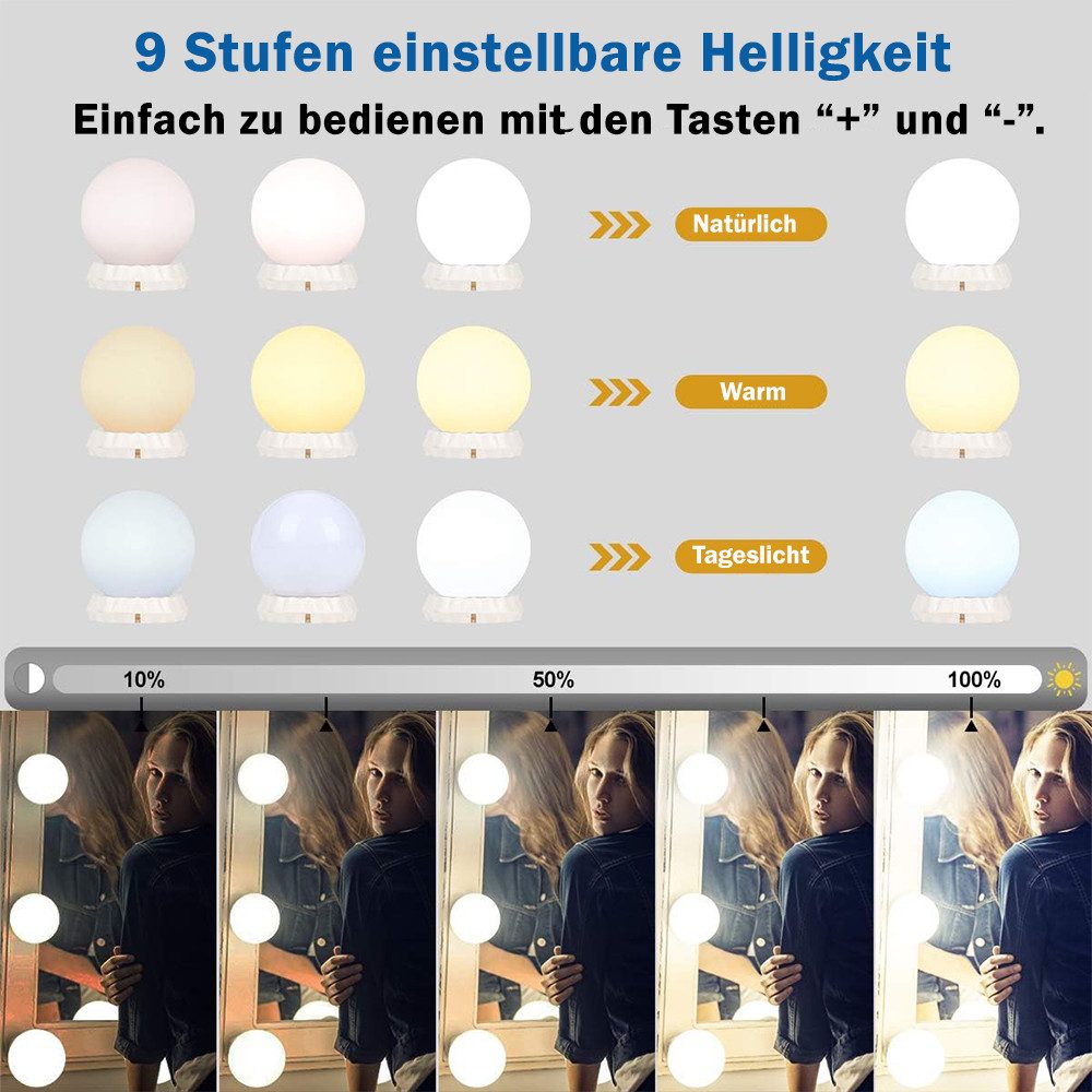 TUWENA LED-Lichtspiegel 3 Farben LED Spiegelleuchte, 9 Helligkeiten Dimmbar Schminklicht (4-St), Schminklicht Spiegellampe, Schminktisch Leuchte mit USB Kabel
