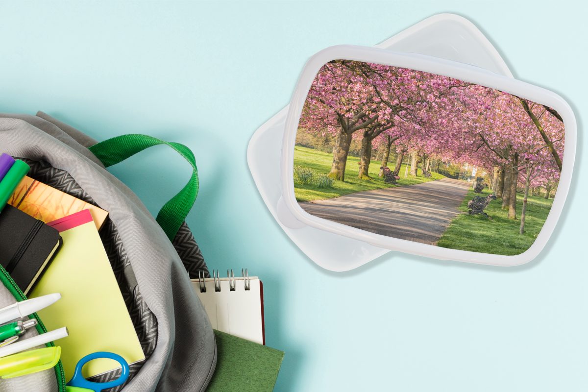 Brotbox Bäume und Kinder Erwachsene, Rosa, (2-tlg), und Lunchbox Brotdose, - Mädchen Kunststoff, für Jungs für Blüte - MuchoWow weiß