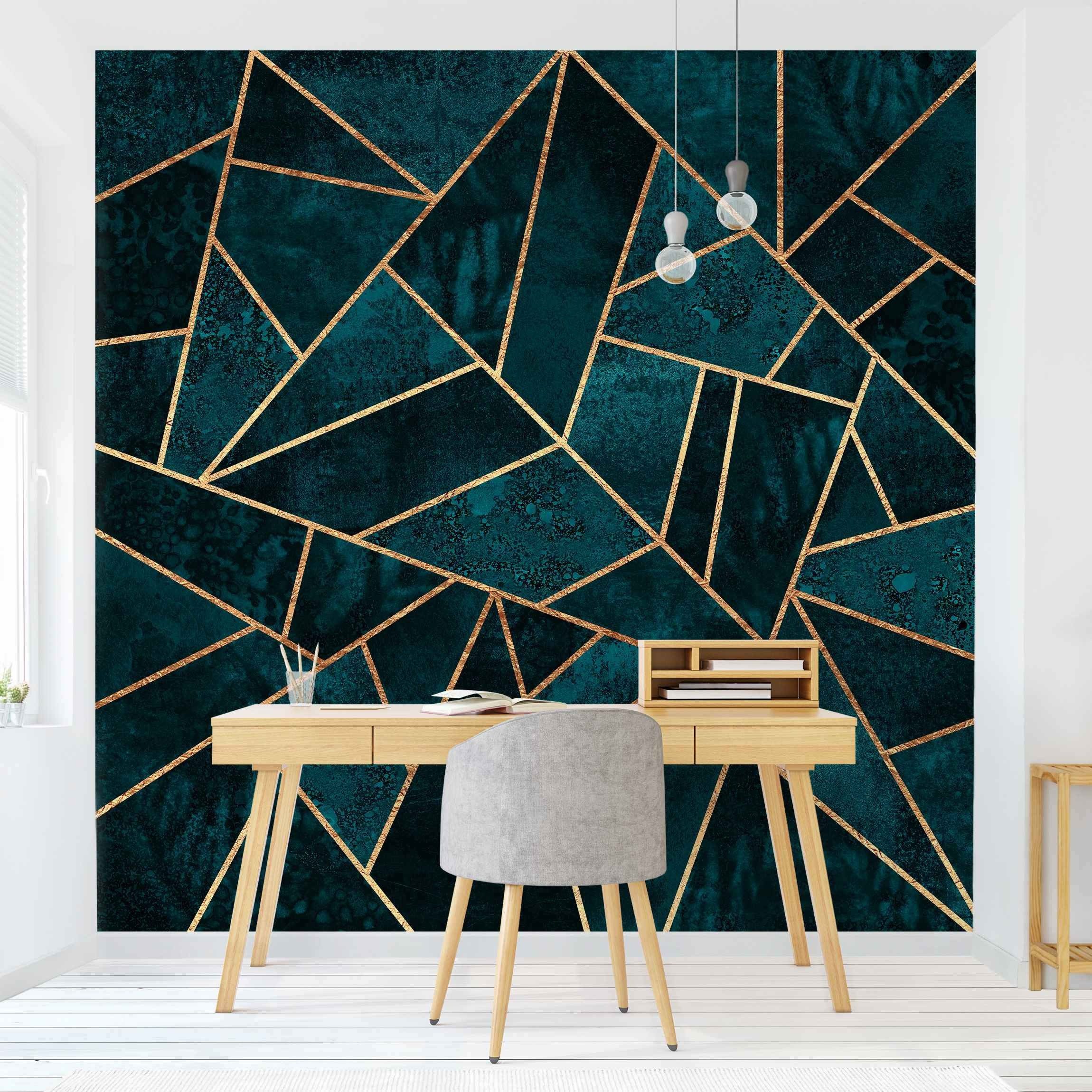 Bilderdepot24 Vliestapete Abstrakt Dunkles Türkis Gold Tapete Wanddeko Modern Kunst, Glatt, Matt, (Vliestapete inkl. Kleister oder selbstklebend), Wohnzimmer Schlafzimmer Küche Flur Fototapete Motivtapete Wandtapete