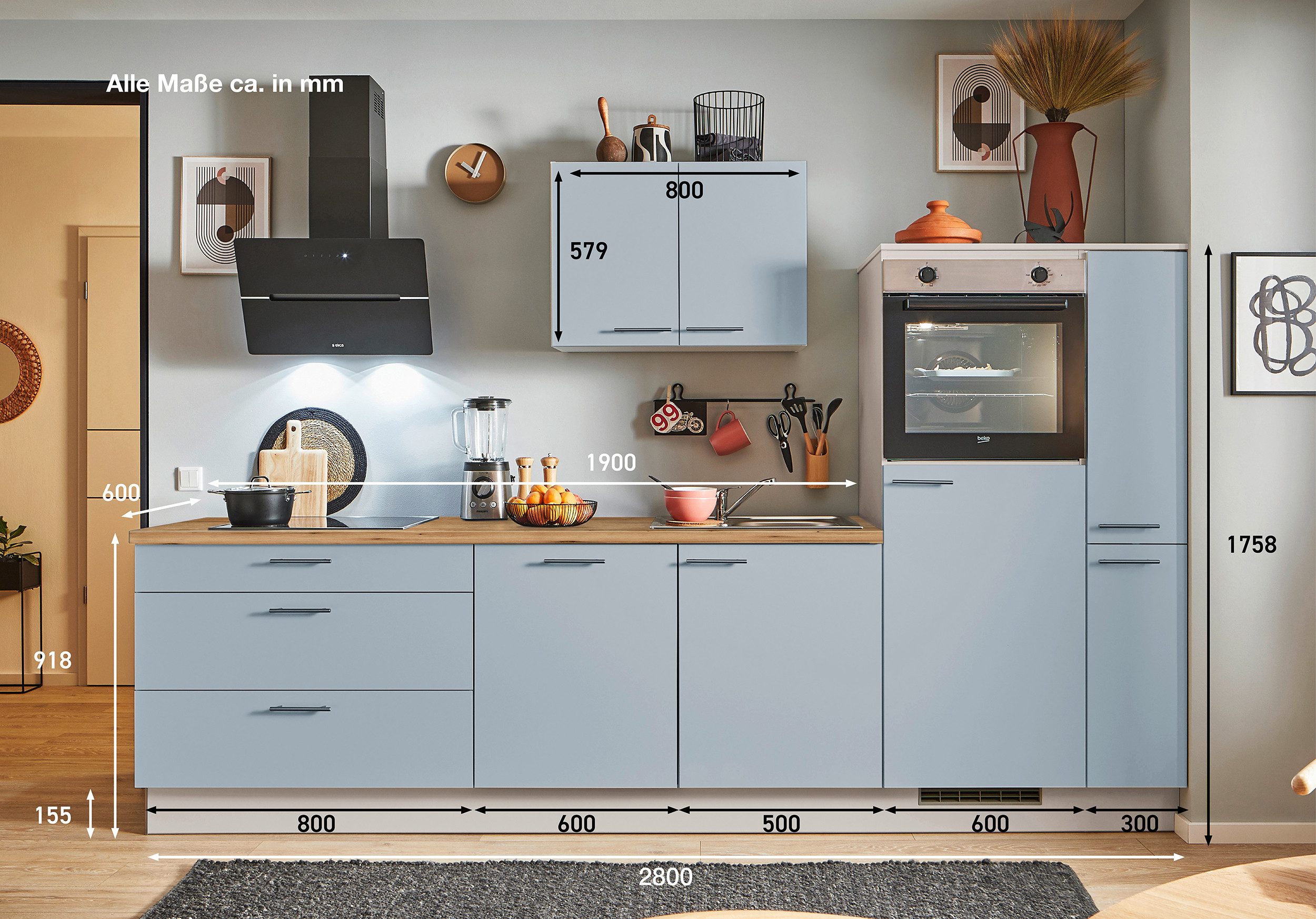 pino Küchenzeile Stockholm, individuell anpassbar, gratis Küchenplanung mit Profis, (Breite 280cm), vormontiert, wahlw. mit E-Geräten, Preis inkl. Lieferung