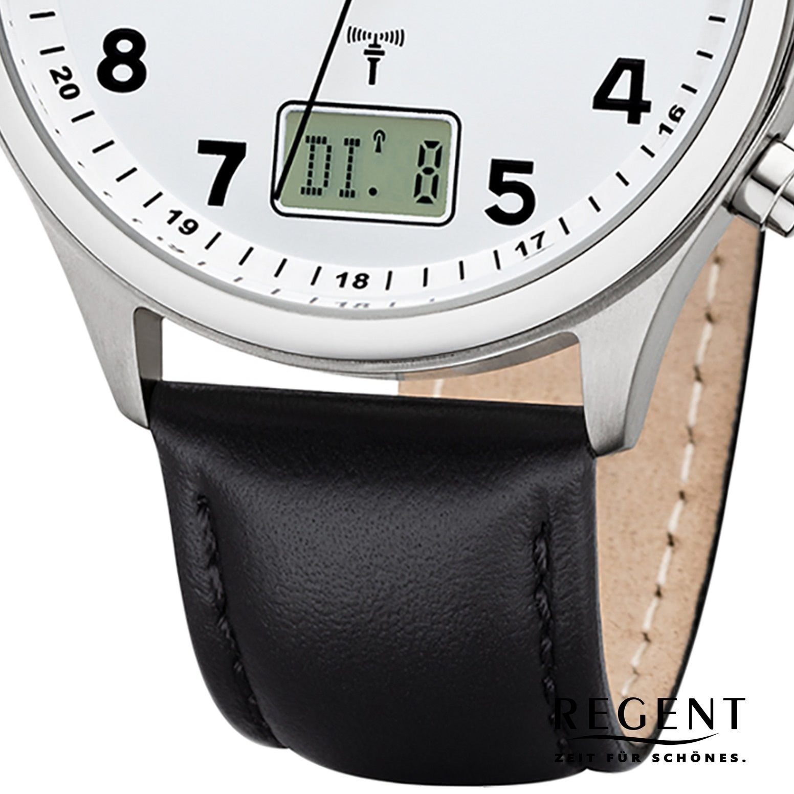 Regent Funkuhr Regent Herren Uhr BA-446 Leder Funkwerk, (Funkuhr), Herren Funkuhr rund, groß (ca. 40mm), Lederarmband