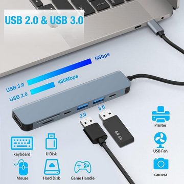 HYTIREBY USB-Verteiler Usb hub 3.0 für MacBook Air/Pro, Galaxy, iPad, Surface Book,Chromebook (1-St), 7 in 1 mit USB C auf 4K HDMI, SD&TF Kartenleser, USB 3.0&USB 2.0 Ports
