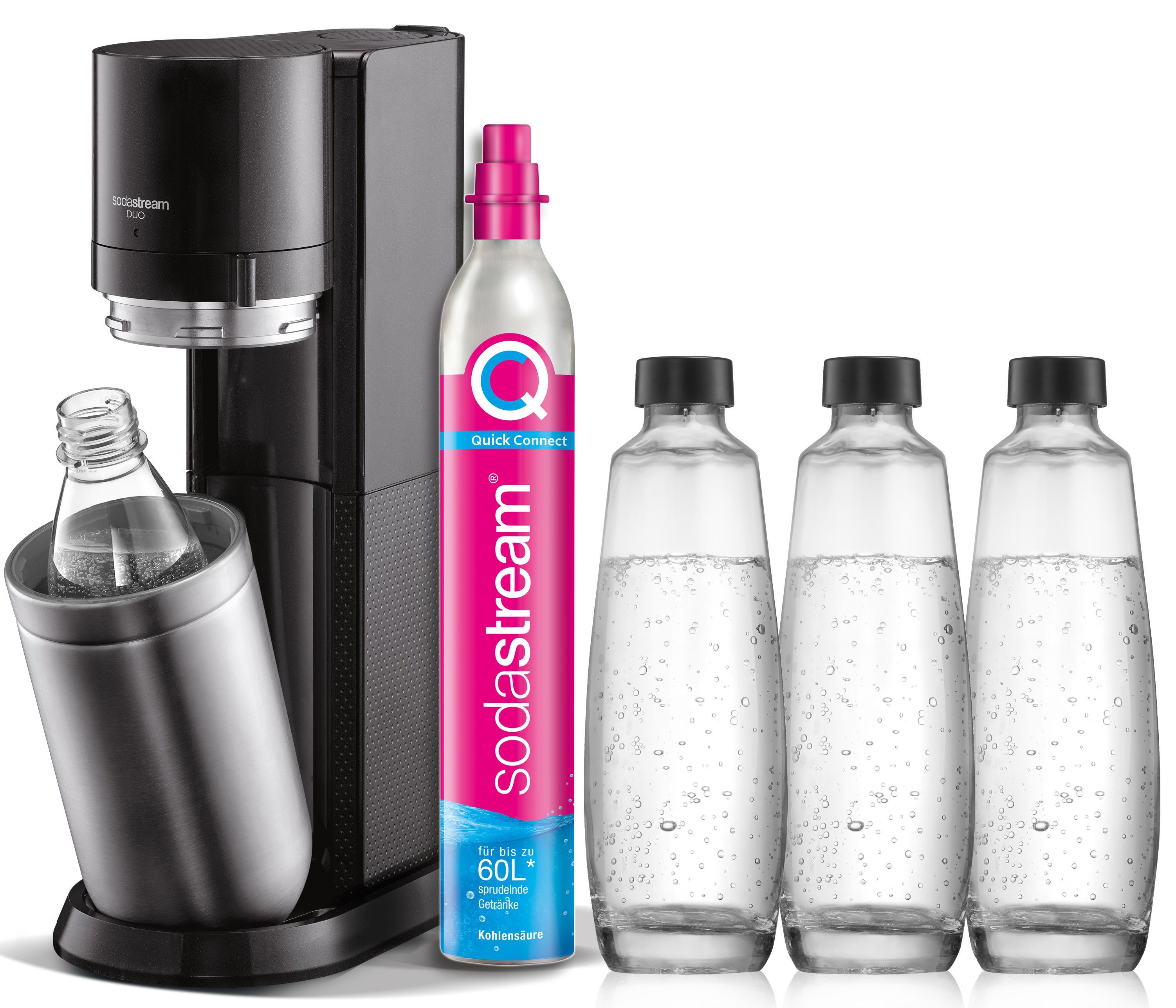 SodaStream Wassersprudler »DUO Vorteilspack«, (Set, 6-tlg), (1x SodaStream  Wassersprudler DUO (titan), 1x CQC CO2-Zylinder, 3x 1L Glasflasche und 1x 1L  spülmaschinenfeste Kunststoff-Flasche) online kaufen | OTTO
