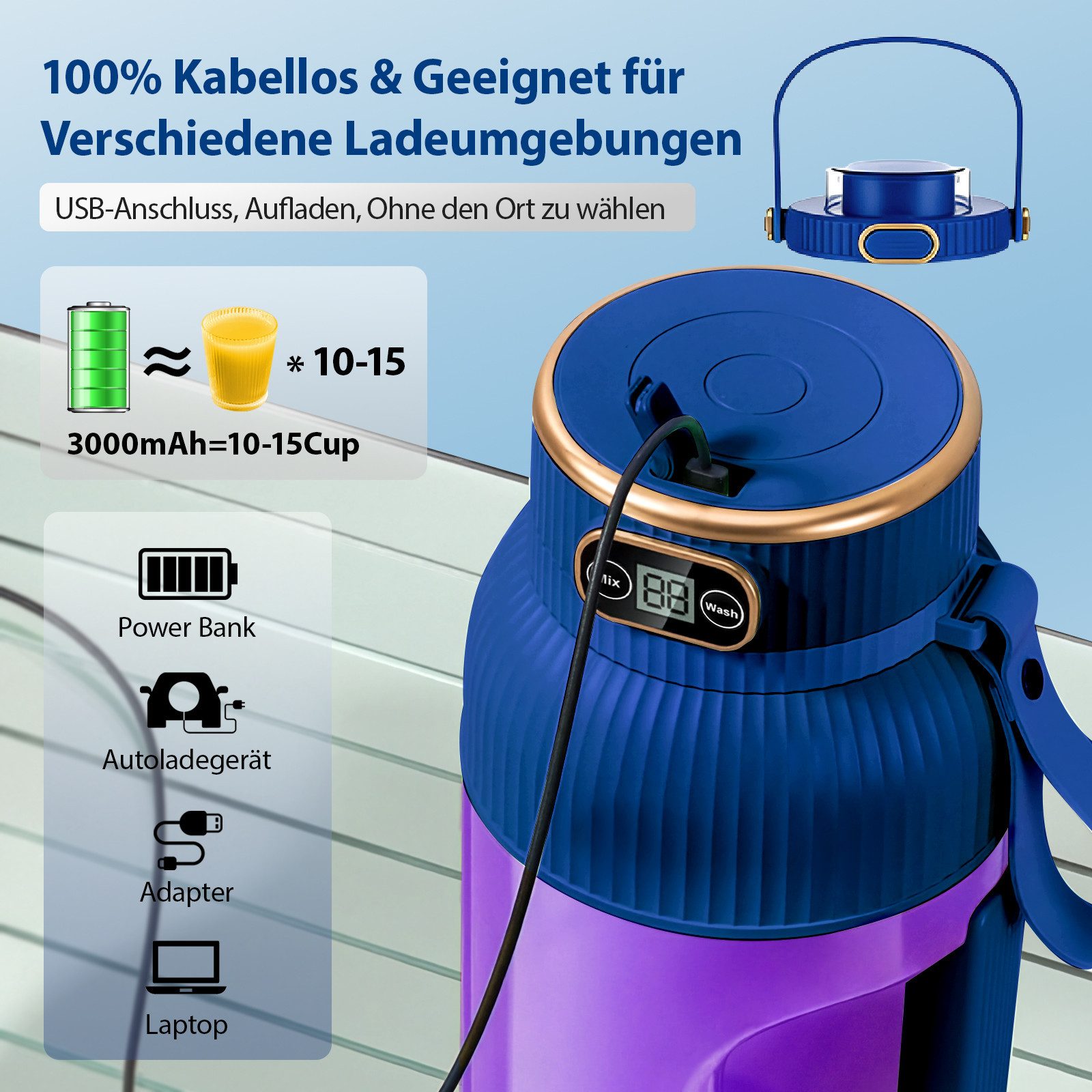 Fine Life Pro Standmixer Tragbarer Saftpresse, 1200 ml großer Fassungsvermögen, 78 W, Mini-Mixer, geeignet für die Küche, im Freien und im Fitnessstudio – Bild 2 von 5