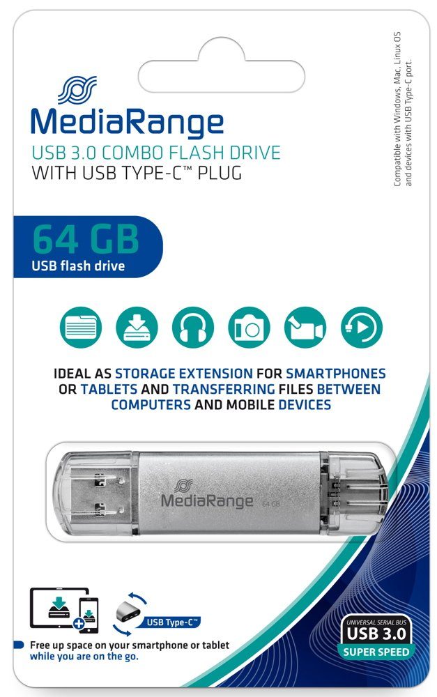 Mediarange Mediarange USB Stick 64GB Speicherstick Combo silber Typ C USB 3.0 USB-Stick
