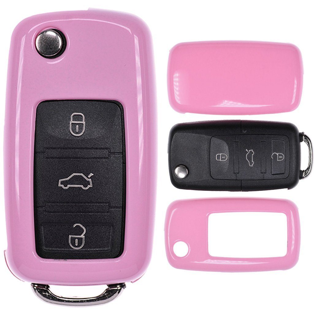 mt-key Schlüsseltasche Autoschlüssel Hardcover Schutzhülle Pink, für VW Golf 5 6 Sharan Skoda Octavia Polo Beetle Passat T5 bis 2009