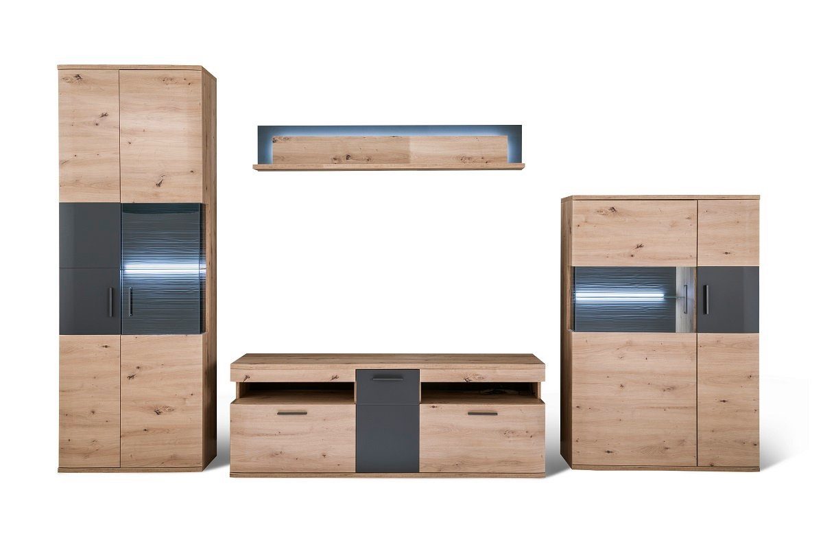 MCA furniture Wohnwand Wohnwand Anbauwand Cortona, Balkeneiche / anthrazit, 4-teilig, (4-St)