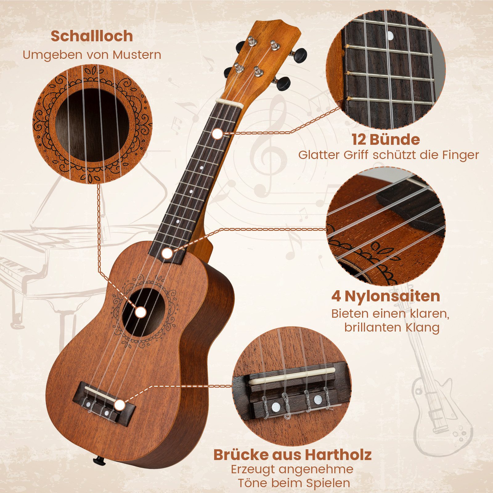COSTWAY Ukulele, 21 Zoll Massivholz Ukulelen-Set mit Tragetasche, Plektrum