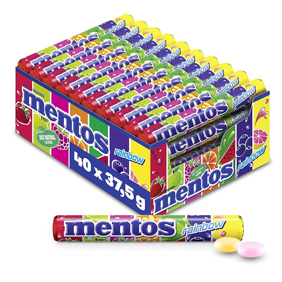 MENTOS Süßigkeit, Mentos Kaudragees Rainbow Frucht Thekendisplay 40 Rollen 1500g