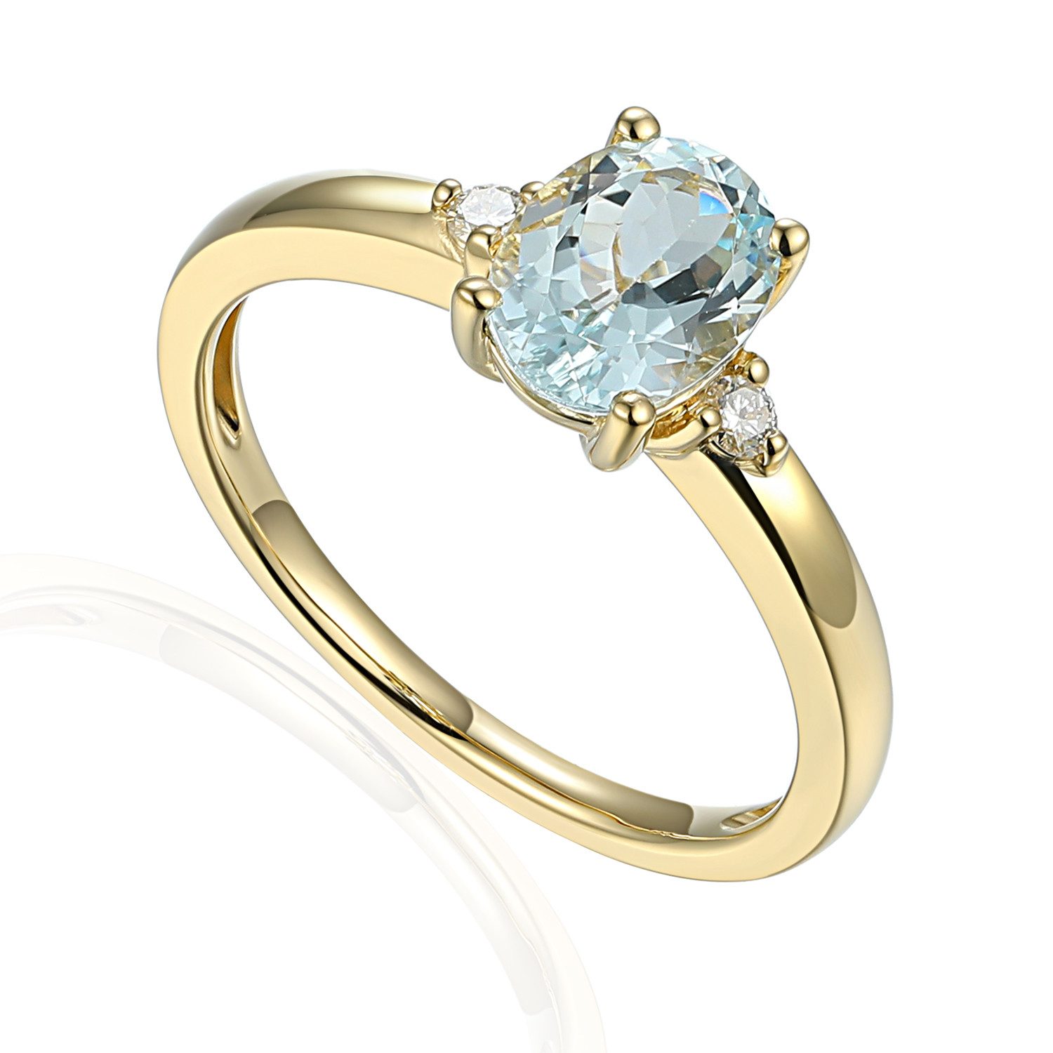 Solitärring 585er Gelbgold Ring mit Aquamarin und Diamanten