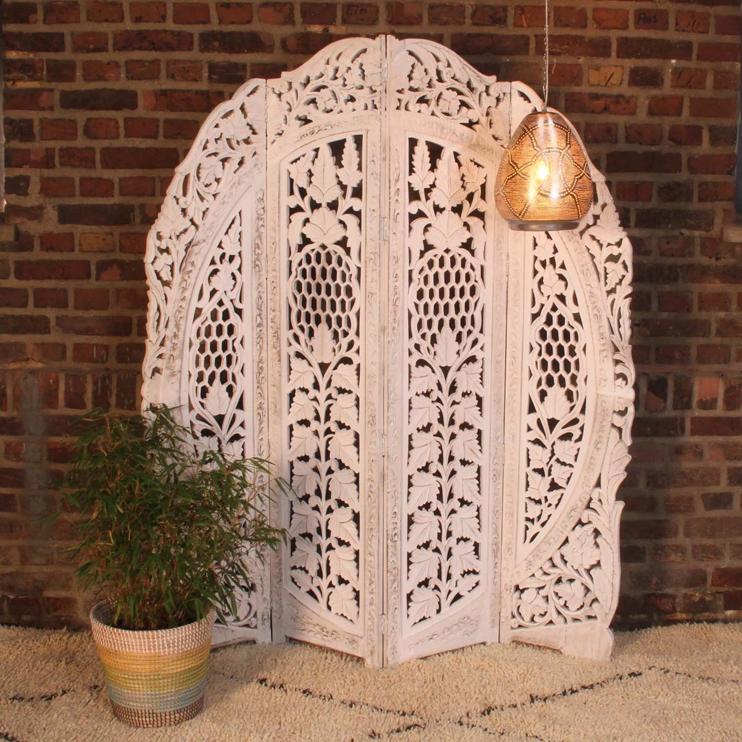 Casa Moro Paravent Orientalischer Paravent Raumteiler Samrina weiß 153x182 cm 4 teilig (aus Massiv-Holz & MDF handgeschnitzt, Orient Trennwand als Raumtrenner & schöne Dekoration, PV7020)