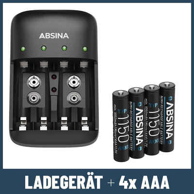 ABSINA Akku Ladegerät X4 für AA, AAA & 9V, Akkuladegerät inkl 4x AAA Akkus Rundzellen-Lader (1-tlg)