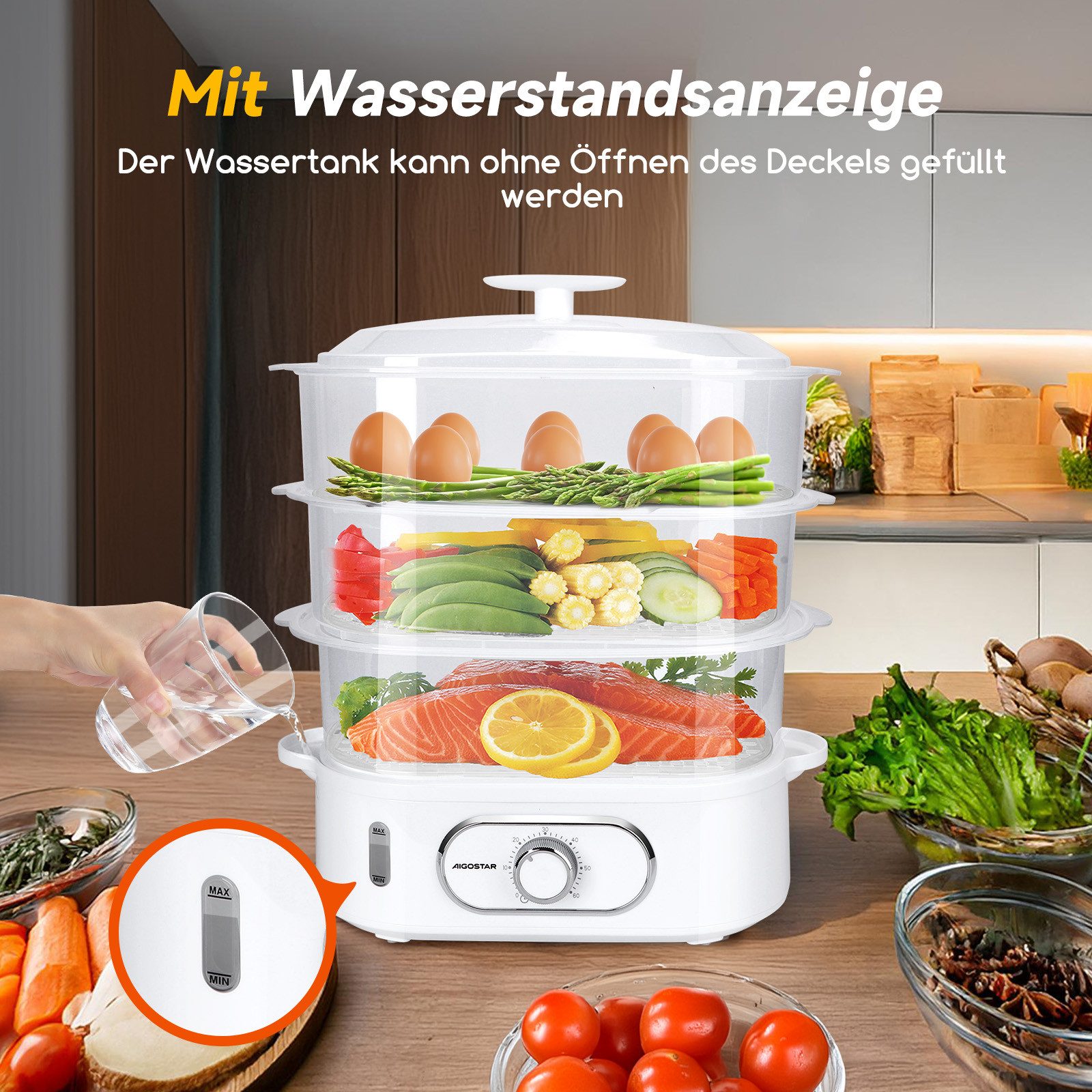 Aigostar Dampfgarer Fitfoodie mit Timer 9L/12L, 800W/900W, 3-Etagen Stapelkörbe, BPA frei, 800,00 W, Überhitzungsschutz, Intelligenz, Leicht zu reinigen