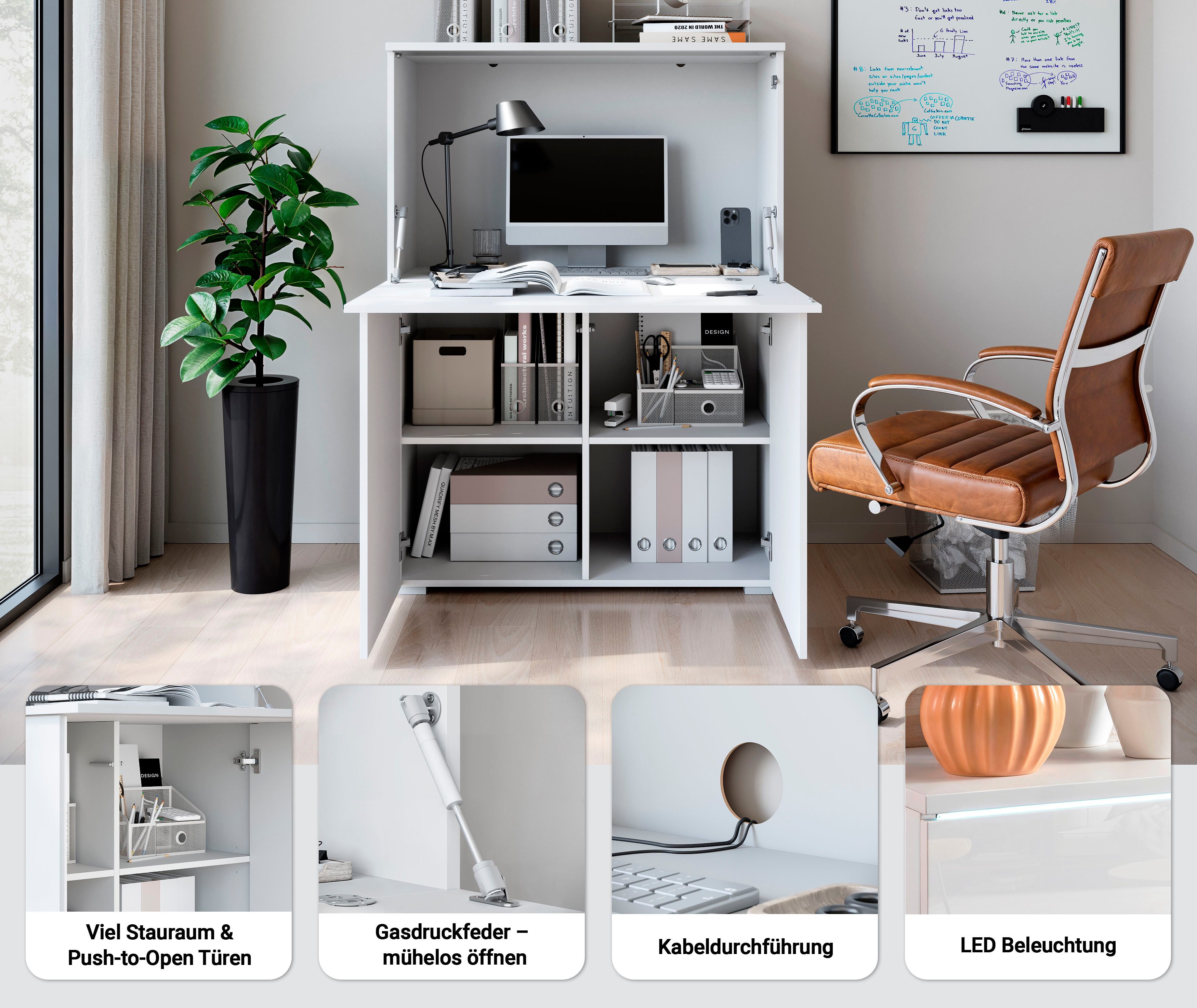 Home affaire PC-Schrank Vera, Sekretär, Home-Office-Schreibtisch mit LED-Beleuchtung (1 St), Multifunktional mit Stauraum, klappbare Tischfläche, LED, B 90 cm
