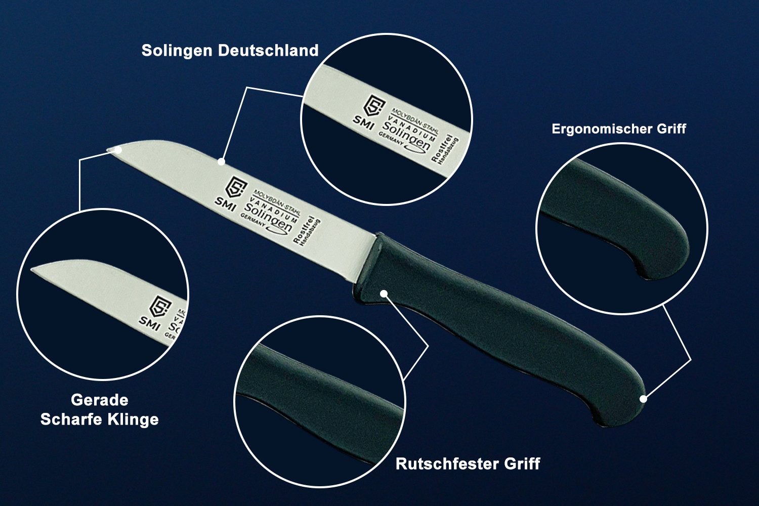 SMI Schälmesser Küchenmesser Obstmesser Solingen Gemüsemesser gerade 2 Stück, schwarz