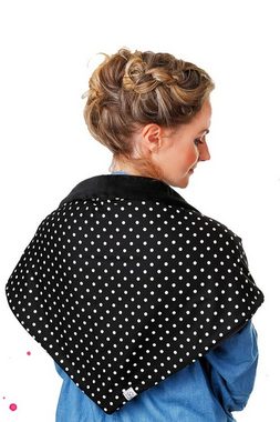 Wishproject® Modetuch Damen Tuch, Schwarz mit Weißen großen Punkten, XXL Schal, Loopschal, Rundschal, Kapuzenschal, Schlauchschal, Bolero, Stola, Vielseitig tragbar Variierbar mittels Knopf und Schlaufe, Hergestellt in Deutschland, Langlebig und Stilvoll