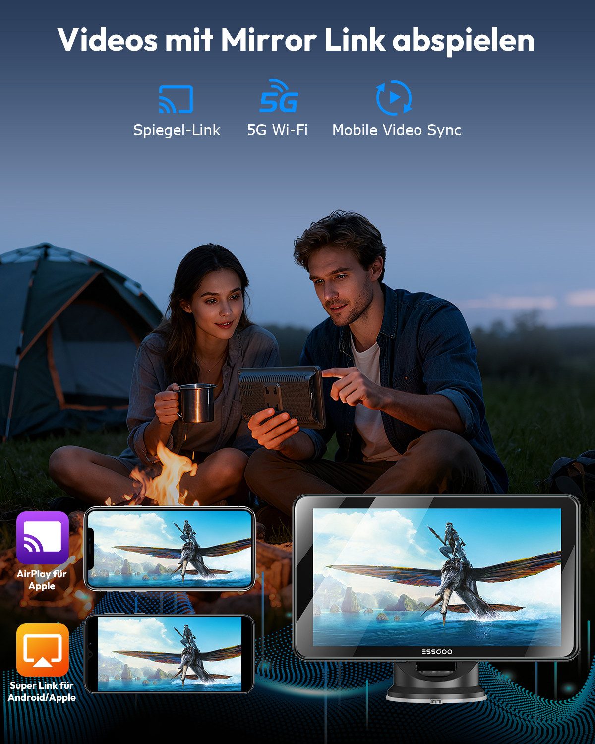 ESSGOO Kabelloses Apple Carplay & Android Auto, 7-Zoll CarPlay Display Navigationsgerät (Autoradio Bluetooth Sprachsteuerung)