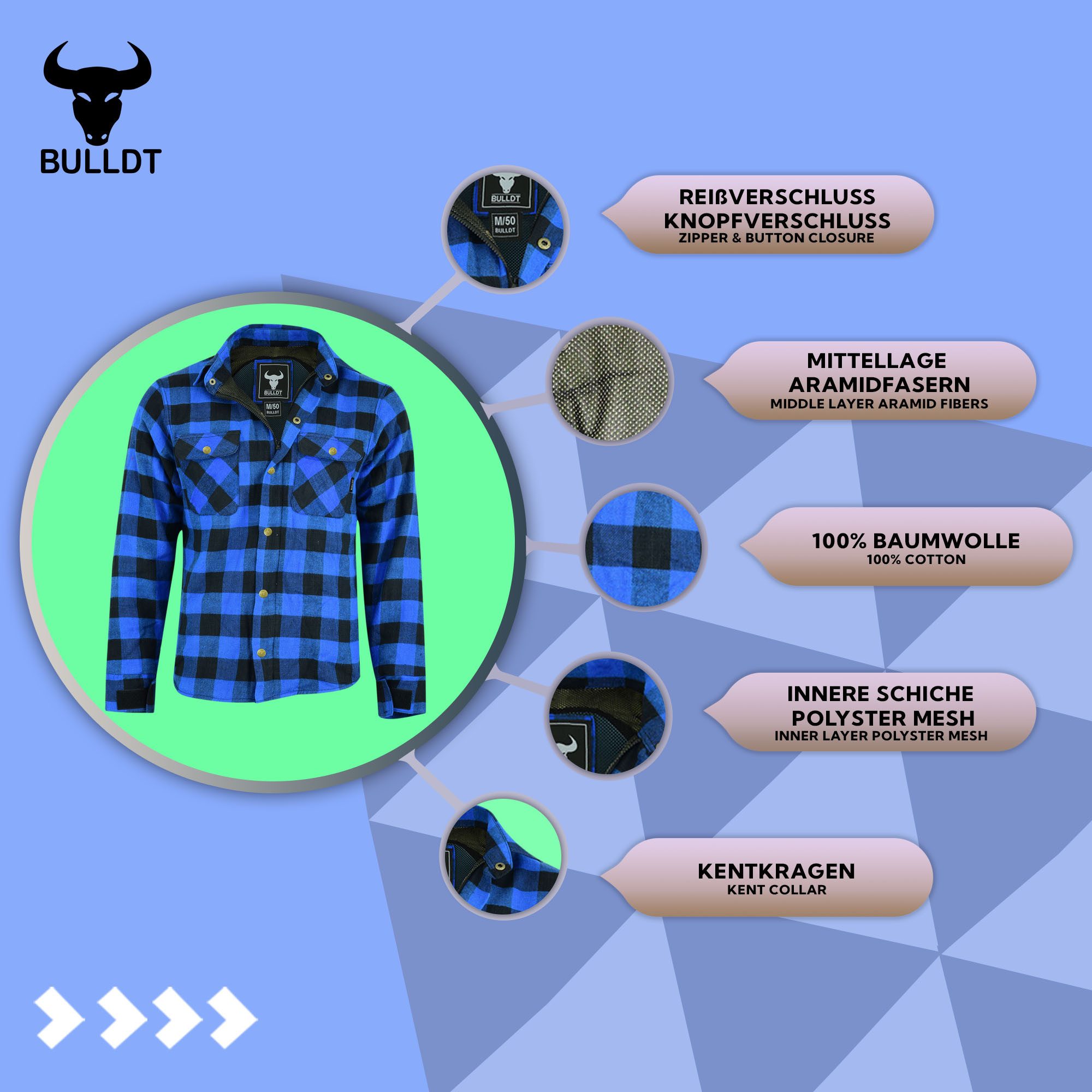 BULLDT Motorradjacke BLD1201 (mit 4 CE-Protektoren) BULLDT Herren Motorradhemd Holzfäller-Look Hemd