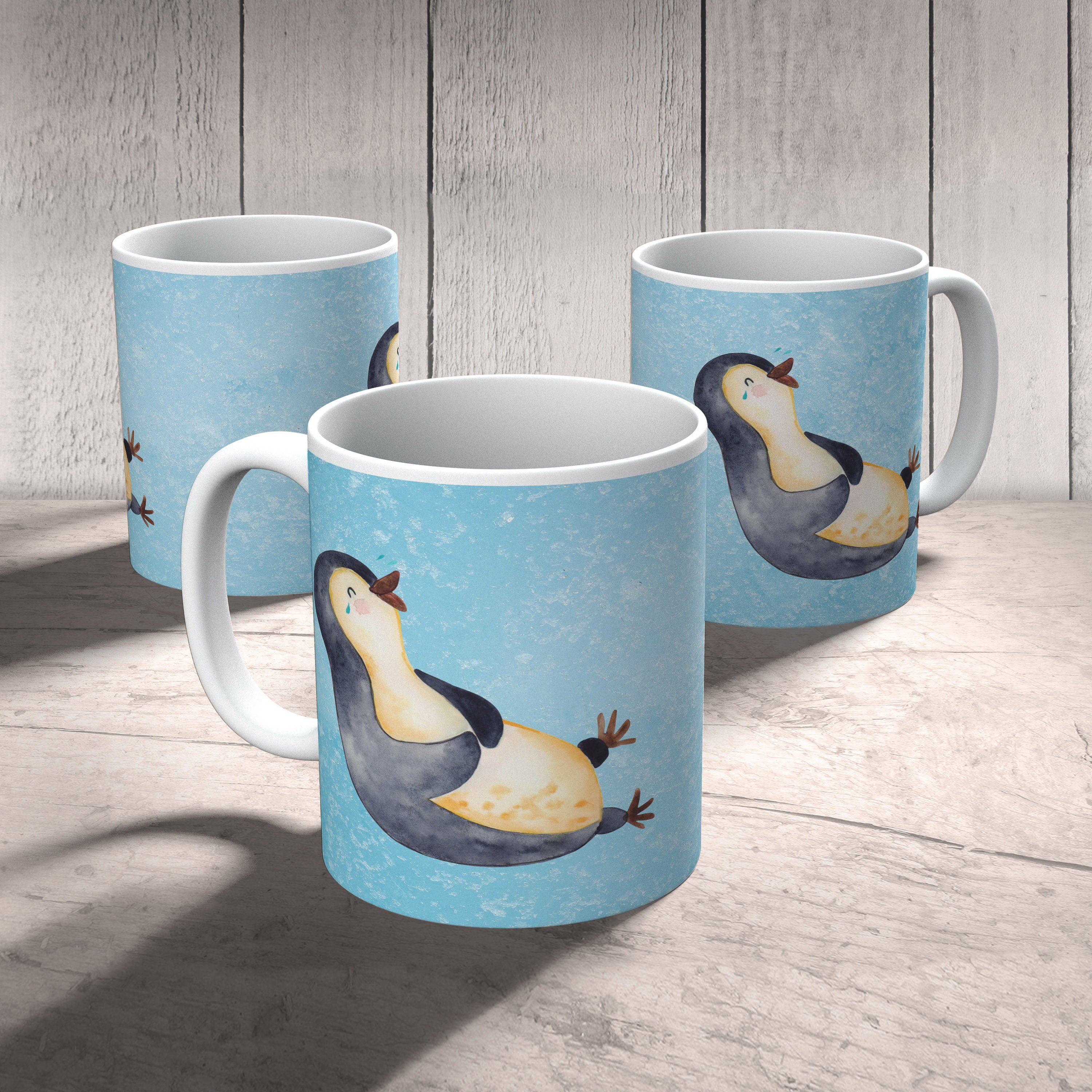 Mr. & Mrs. Panda Tasse Kaffeebecher, Pinguin Fröhlich, - Keramik Geschenk, - lachend Freude, Eisblau