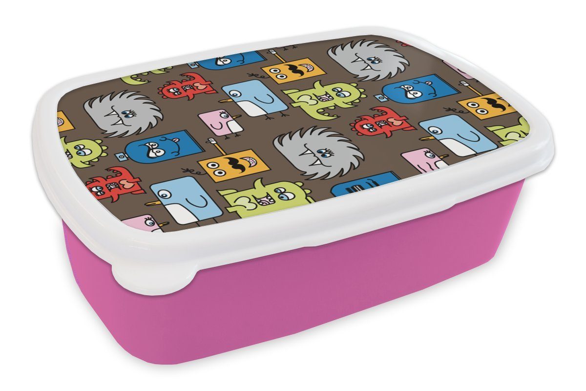 MuchoWow Lunchbox Muster - Monster - Tiere - Kinder - Kinder, Kunststoff, (2-tlg), Brotbox für Erwachsene, Brotdose Kinder, Snackbox, Mädchen, Kunststoff rosa