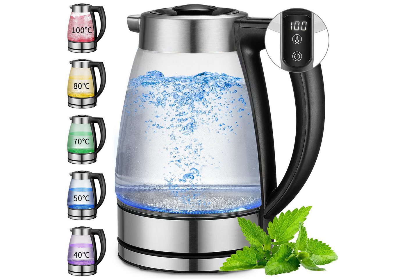 Forrlite Wasserkocher Wasserkocher mit temperatureinstellung, Wasserkocher Glas 2,0 Liter, 2200 W, Temperaturwahl 40-100°C Farbwechsel LED Temperatur