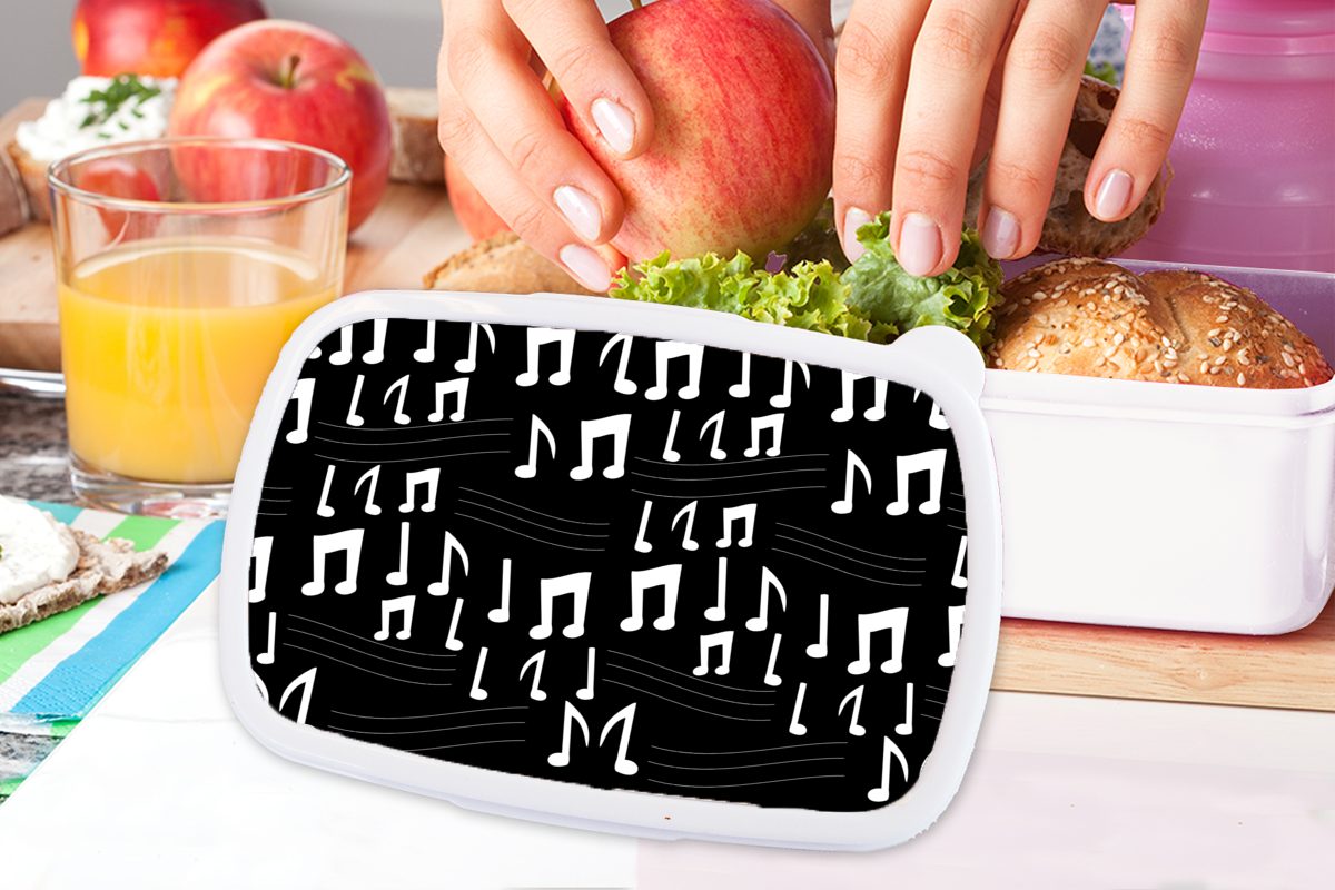 MuchoWow Lunchbox Musik - und Kunststoff, Brotdose, und Mädchen für Brotbox Schwarz und Jungs Muster, (2-tlg), Weiß - für Erwachsene, Kinder