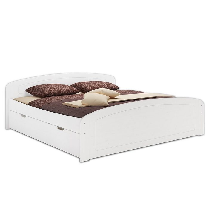 ERST-HOLZ Bett Doppelbett 160x200 weiß mit Rollrost + 3 Staukästen Kieferwaschweiß