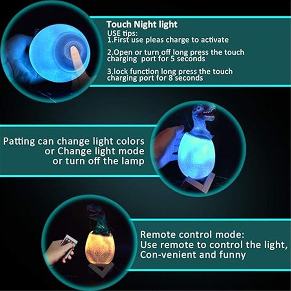 RGB Fernbedienung, 3D-Dinosaurier-Lichtleiste LED mit Farben 16 Nachtlicht und Touch- K&B