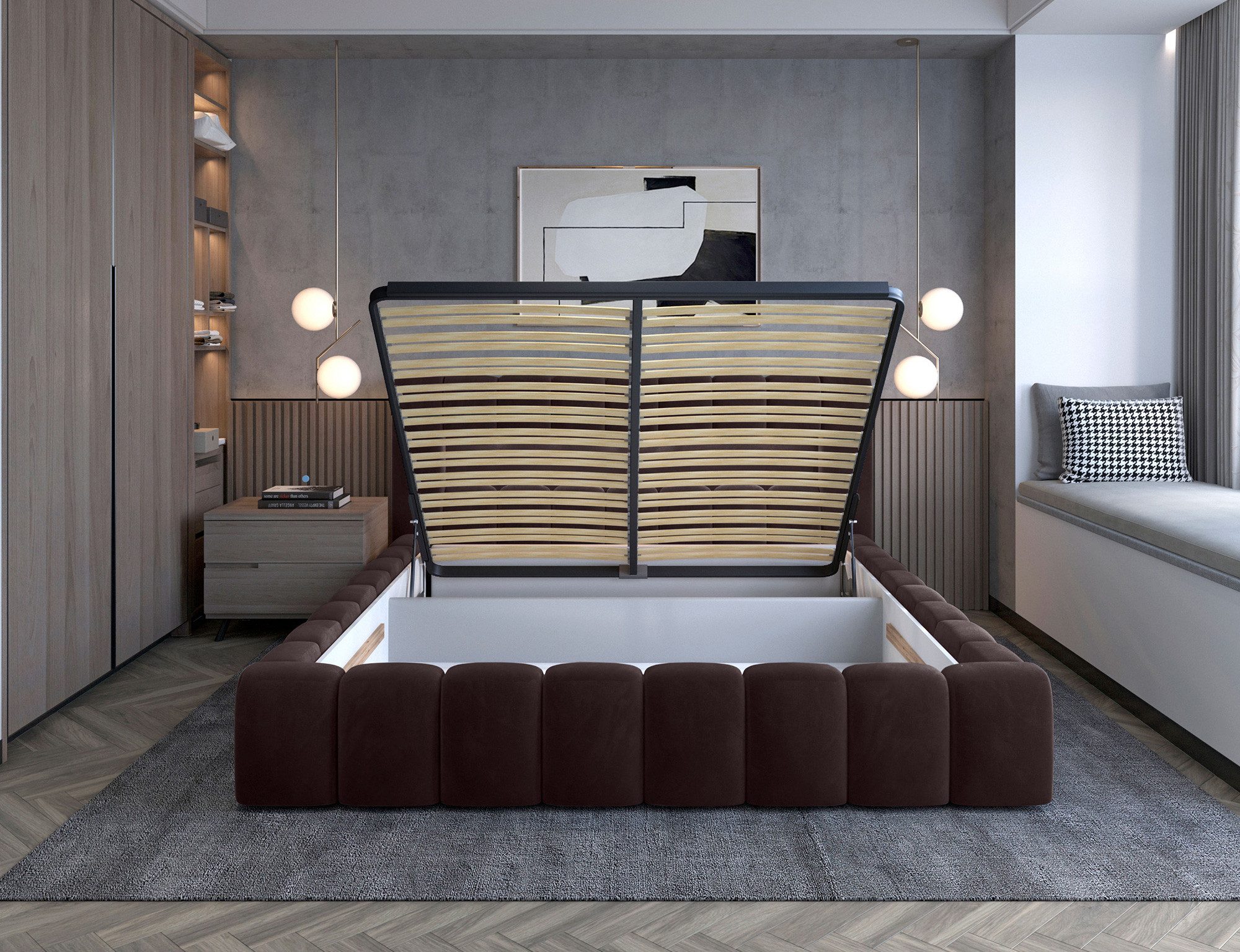 Lukas Möbel Polsterbett Doppelbett Mika Polsterbett mit Bettkasten Lattenrost u. LED (Bett mit Lattenrost), mit Lattenrost Bettkasten und LED