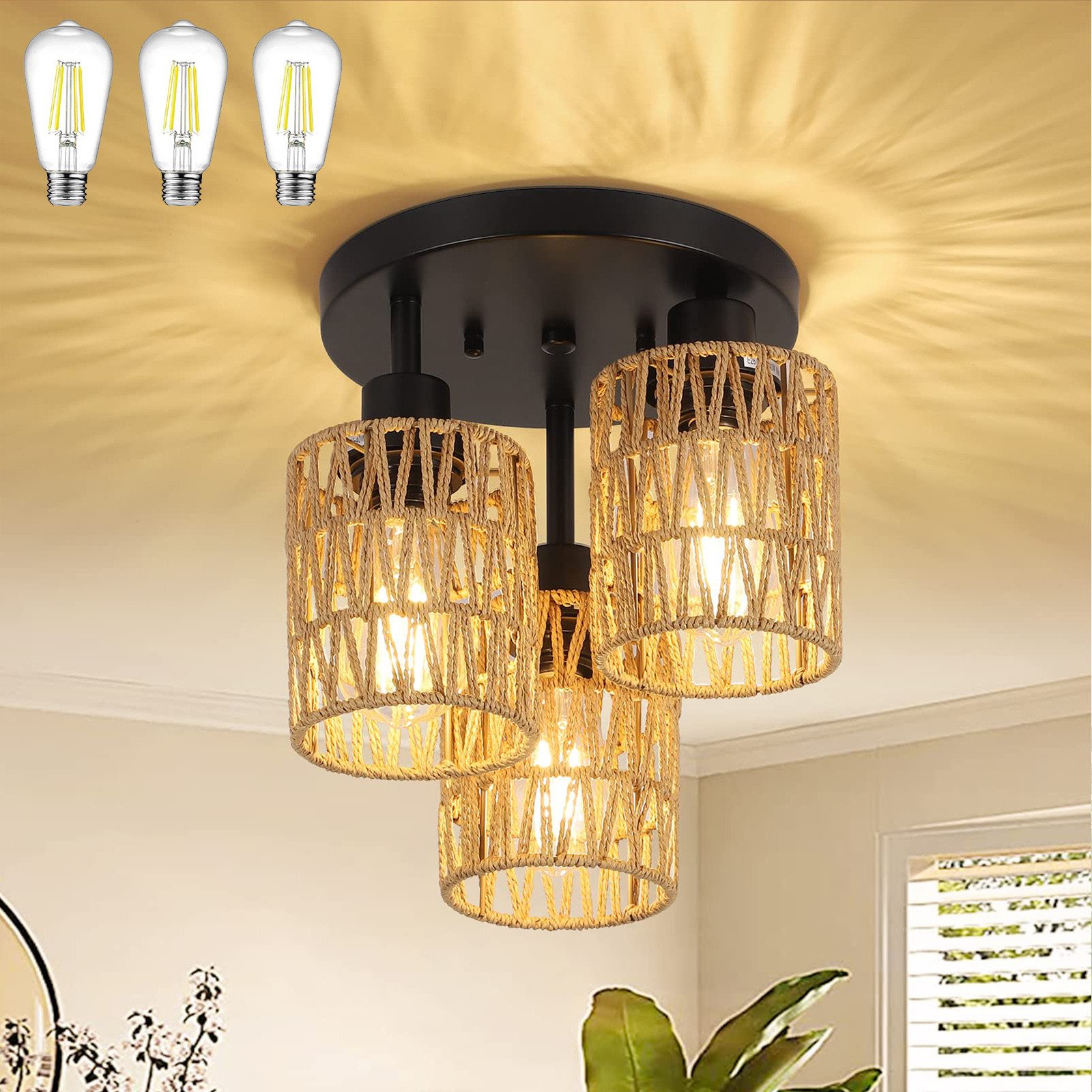 LMaxhome LED Deckenleuchte Hängend Boho Rattan günstig online kaufen