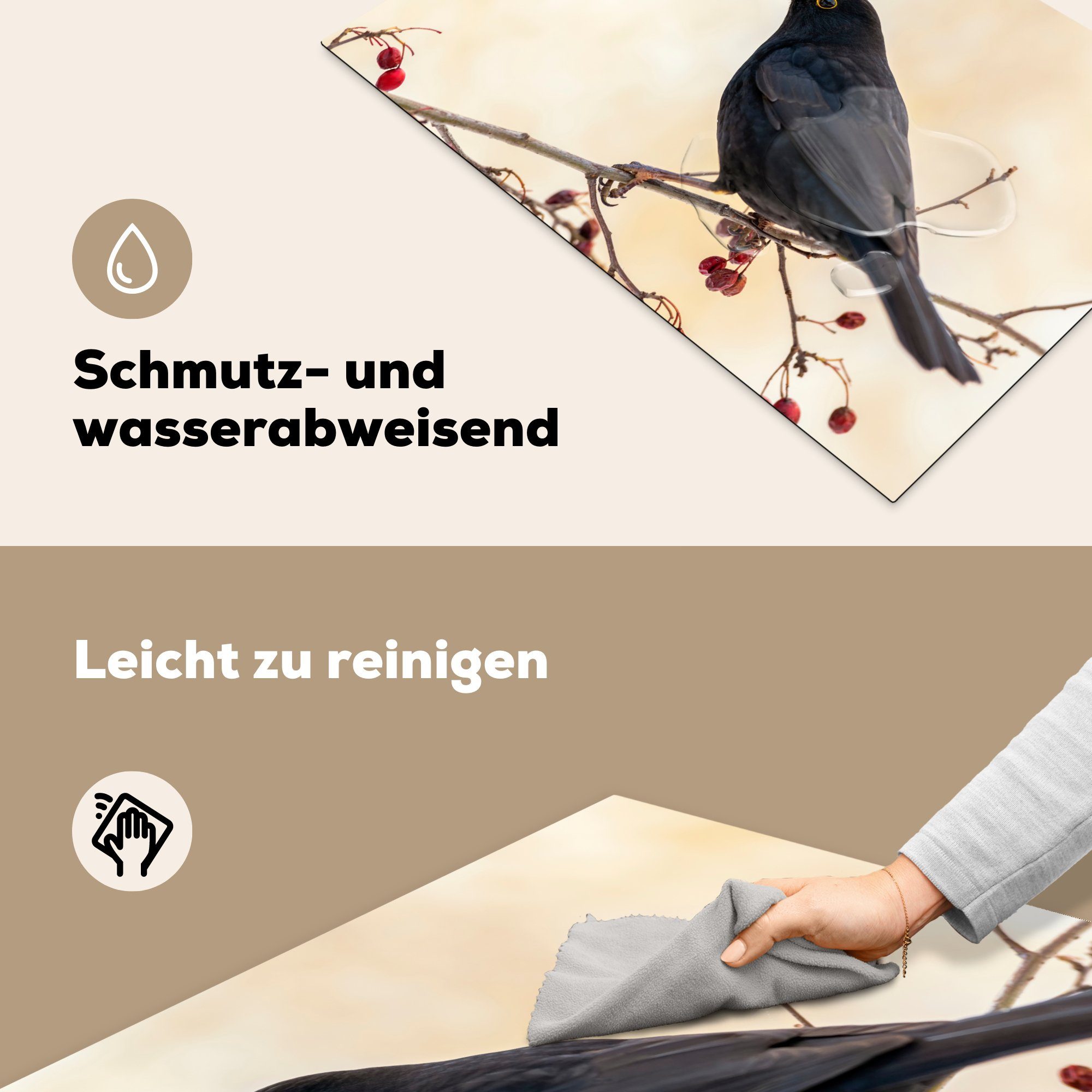 Amsel - tlg), Vogel - für Zweige Vinyl, Beere - Rot, 77x51 Ceranfeldabdeckung, (1 cm, Arbeitsplatte - küche MuchoWow Herdblende-/Abdeckplatte