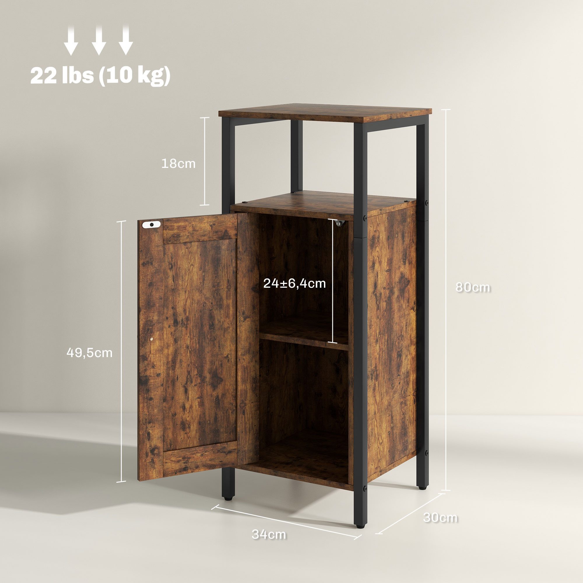 HOMCOM Beistelltisch im industriell Design, mit verstellbar Regal (Couchtisch, 1-St., Kaffeetisch), für Wohnzimmer, Schlafzimmer, 34 x 30 x 80 cm, Rustikales Braun