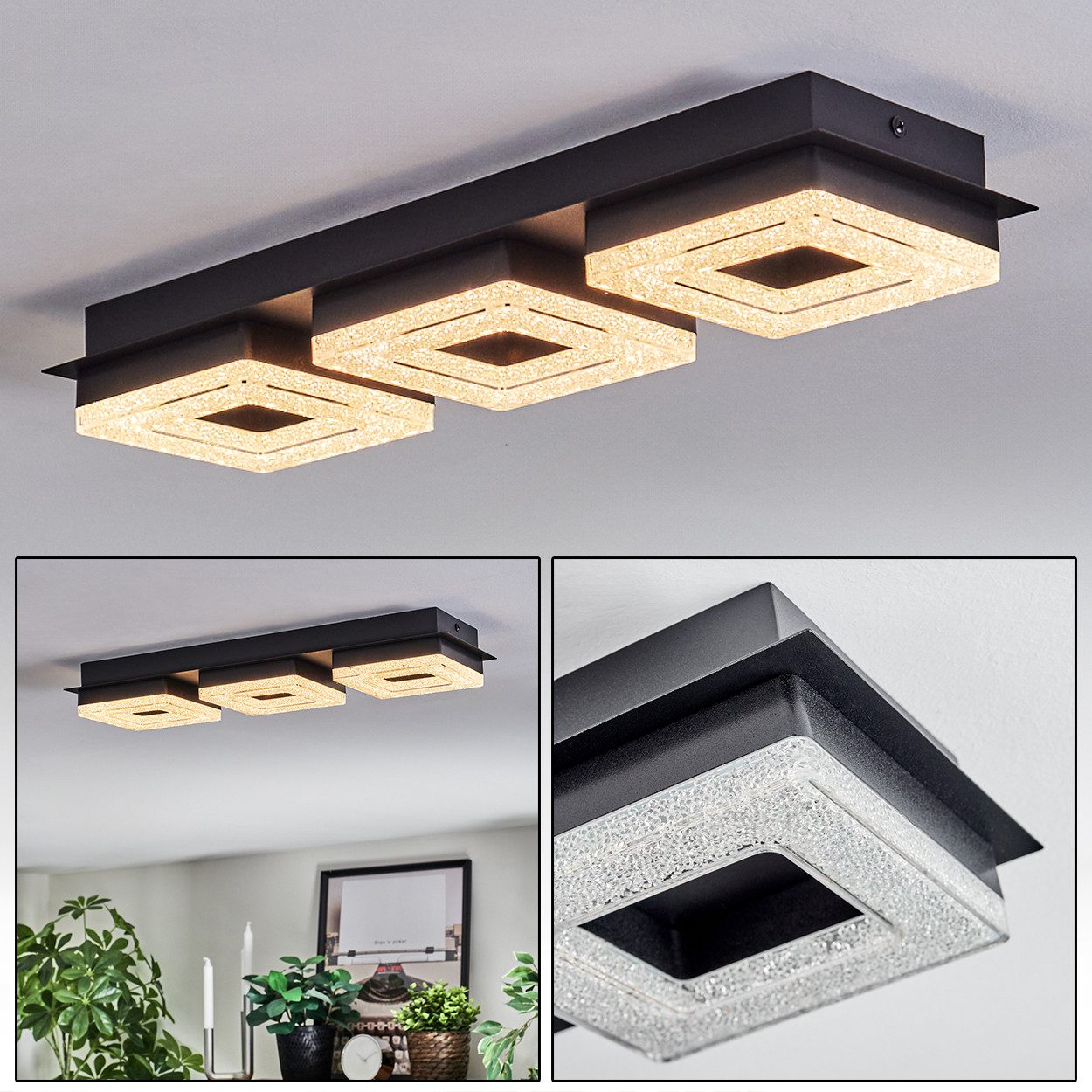 hofstein Deckenleuchte Deckenlampe aus Metall/Glas/Kunststoff in Schwarz/Glitzereffekt/Klar, LED wechselbar, moderne Deckenleuchte, 14 Watt, 460 Lumen, 3000 Kelvin