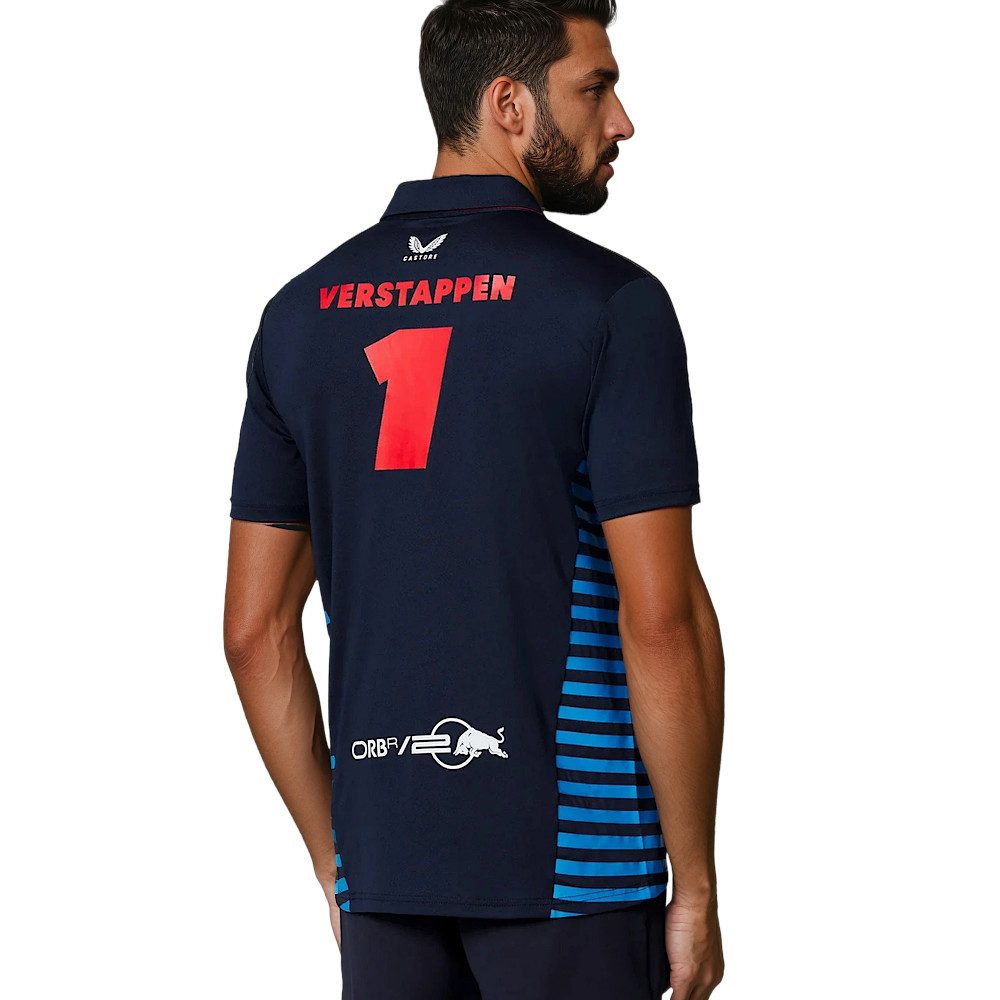 Castore Poloshirt Red Bull Max Verstappen F1 Polo Shirt RP Motorsport Sportshirt Original Fahrerdesign mit Logos auf Brust, Rücken und Ärmeln