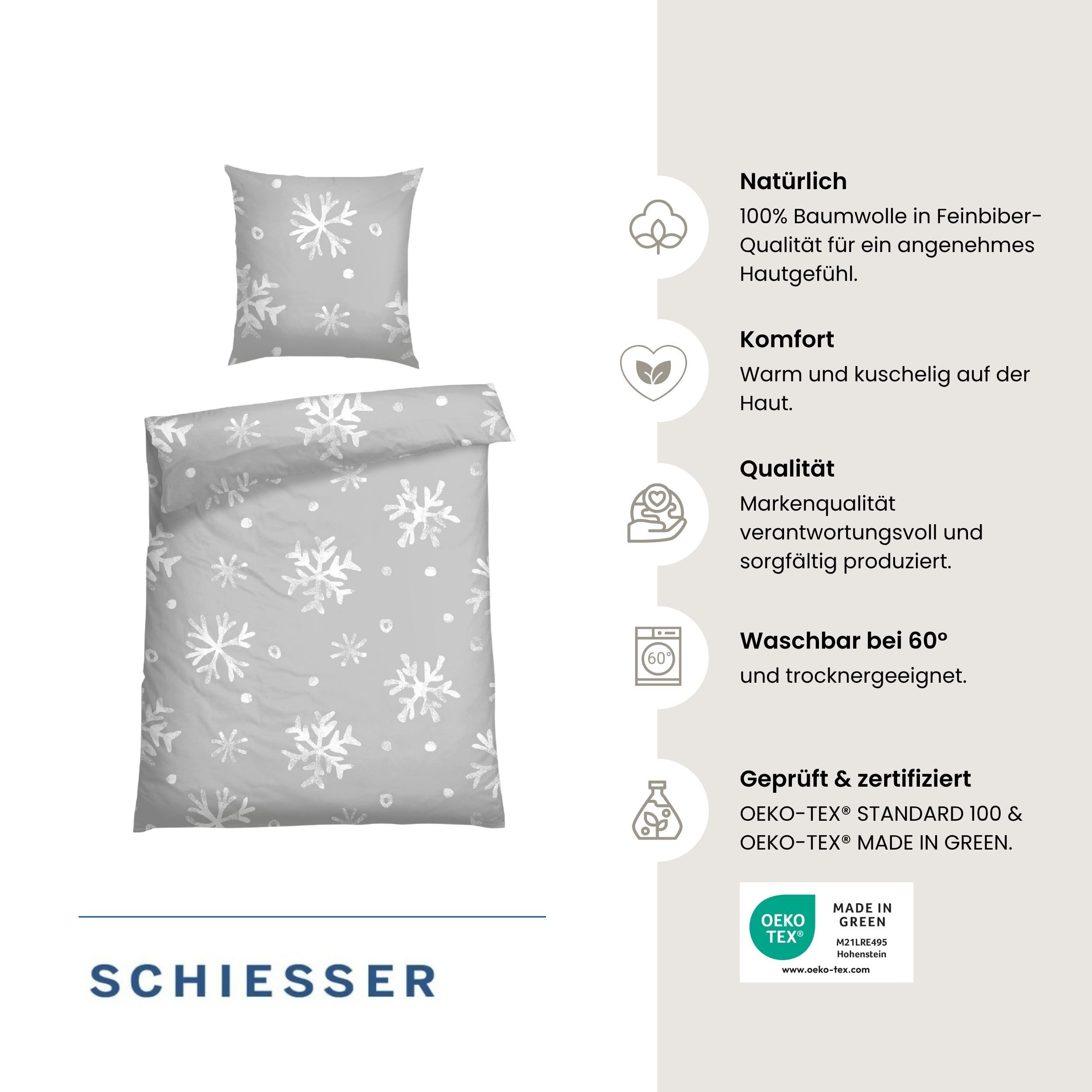 Schiesser Bettwäsche Skadi aus weicher Baumwolle mit weißen Schneeflocken, Feinbiber, 2 teilig, OEKO-TEX® MADE IN GREEN-zertifiziert – Bild 2 von 5