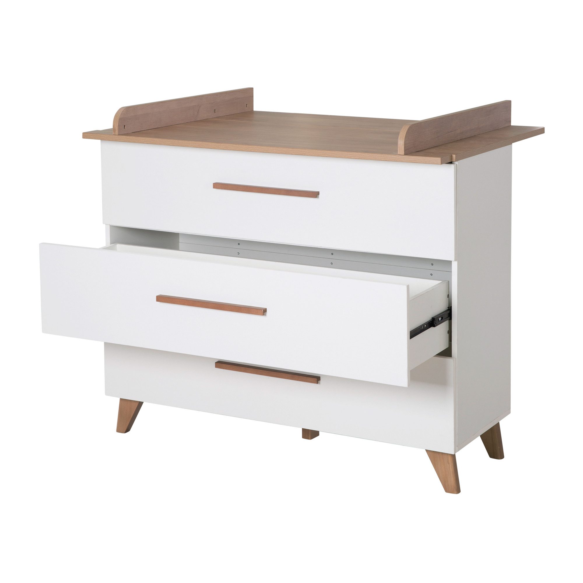 roba® Wickelkommode Ole - Wickeltisch mit Füßen & Griffen aus massiver dunkler Eiche, abnehmbarer Wickelansatz - weiß lackiertes Holz mit Dekor Wotan Eiche – Bild 3 von 5
