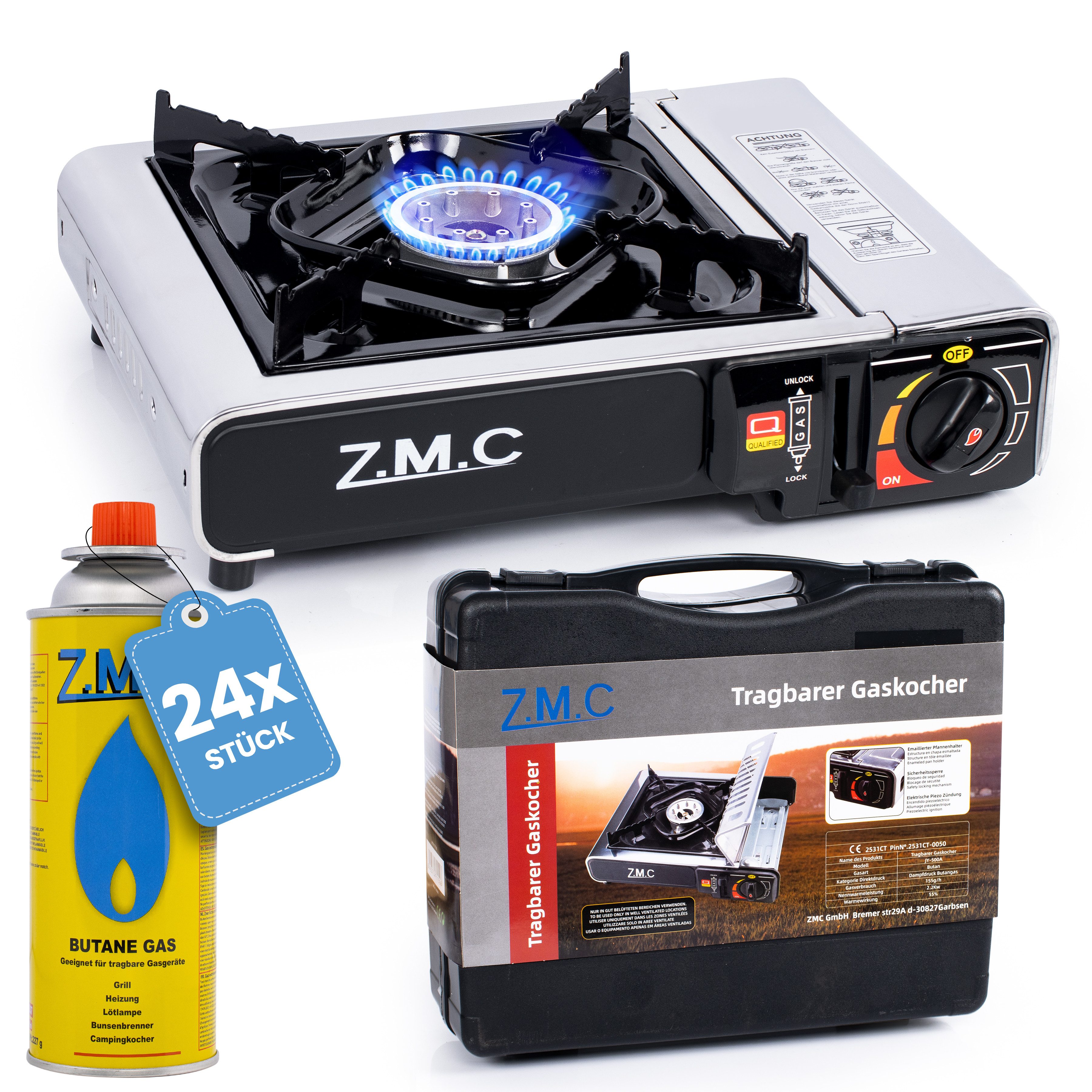 ZMC Gaskocher Edelstahl Gaskocher 1-flammig + Aufbewahrungskoffer + 24 Gaskartuschen, (Butangas Campingkocher für Innenraum/Outdoor, Campinggaskocher 2,2 kW mit Piezozündung, Piezozündung), Kochfeld Herd Gaskocher mit Kartusche, Gaskochfeld für Camping