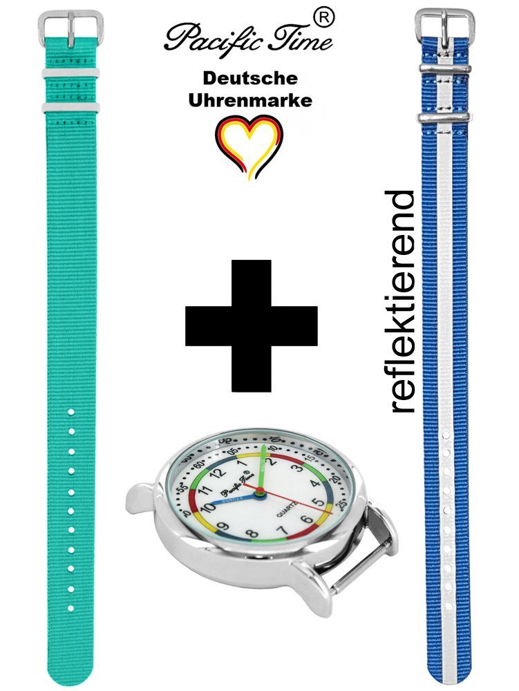 Quarzuhr Mix Gratis First blau Kinder Reflektor Versand Match Pacific und Time Armbanduhr Lernuhr türkis Wechselarmband, und Design Set -